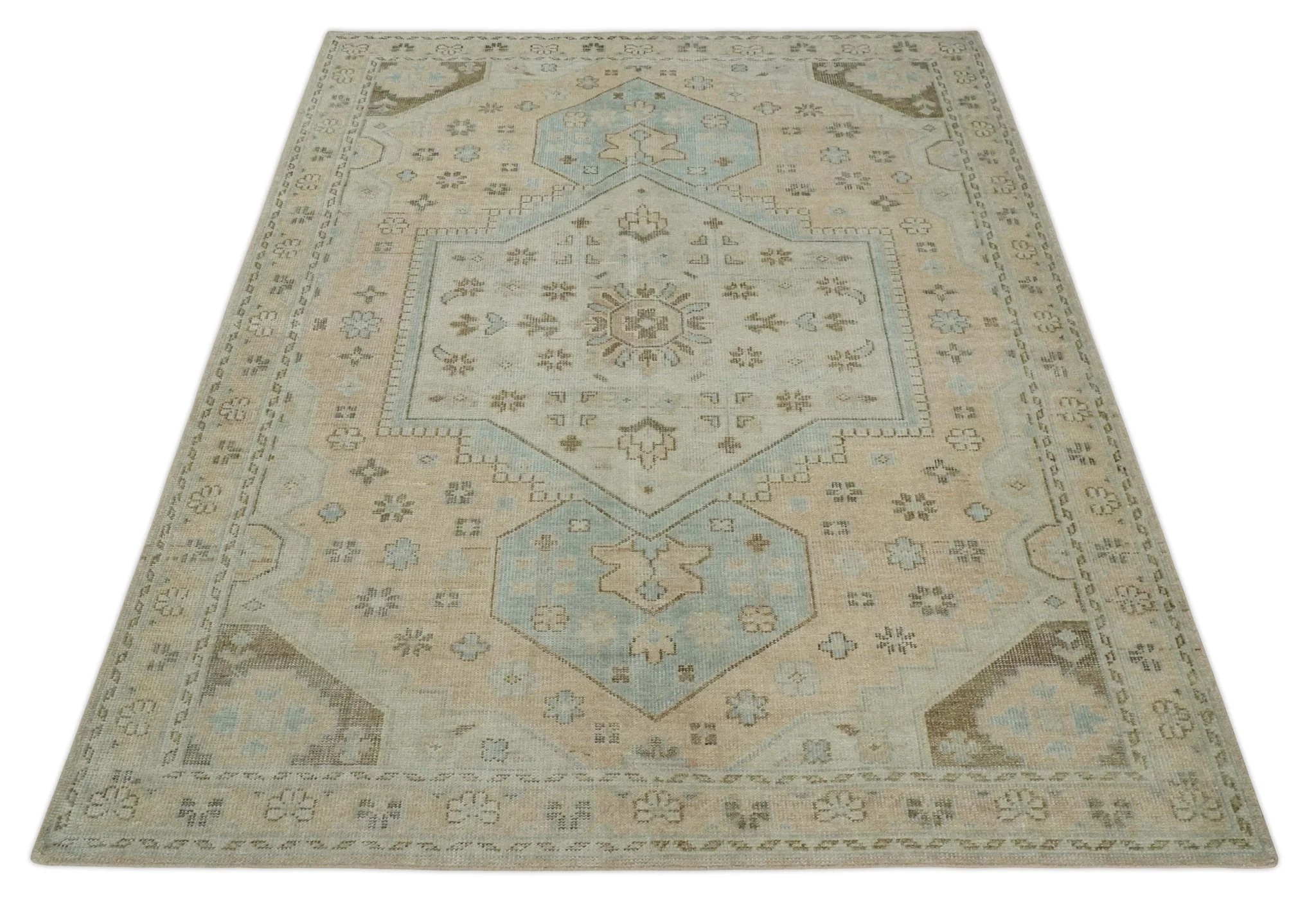 Custom Made Low Pile Hand Knotted Peach and Blue Traditional Design Wool Area Rug - Image 10