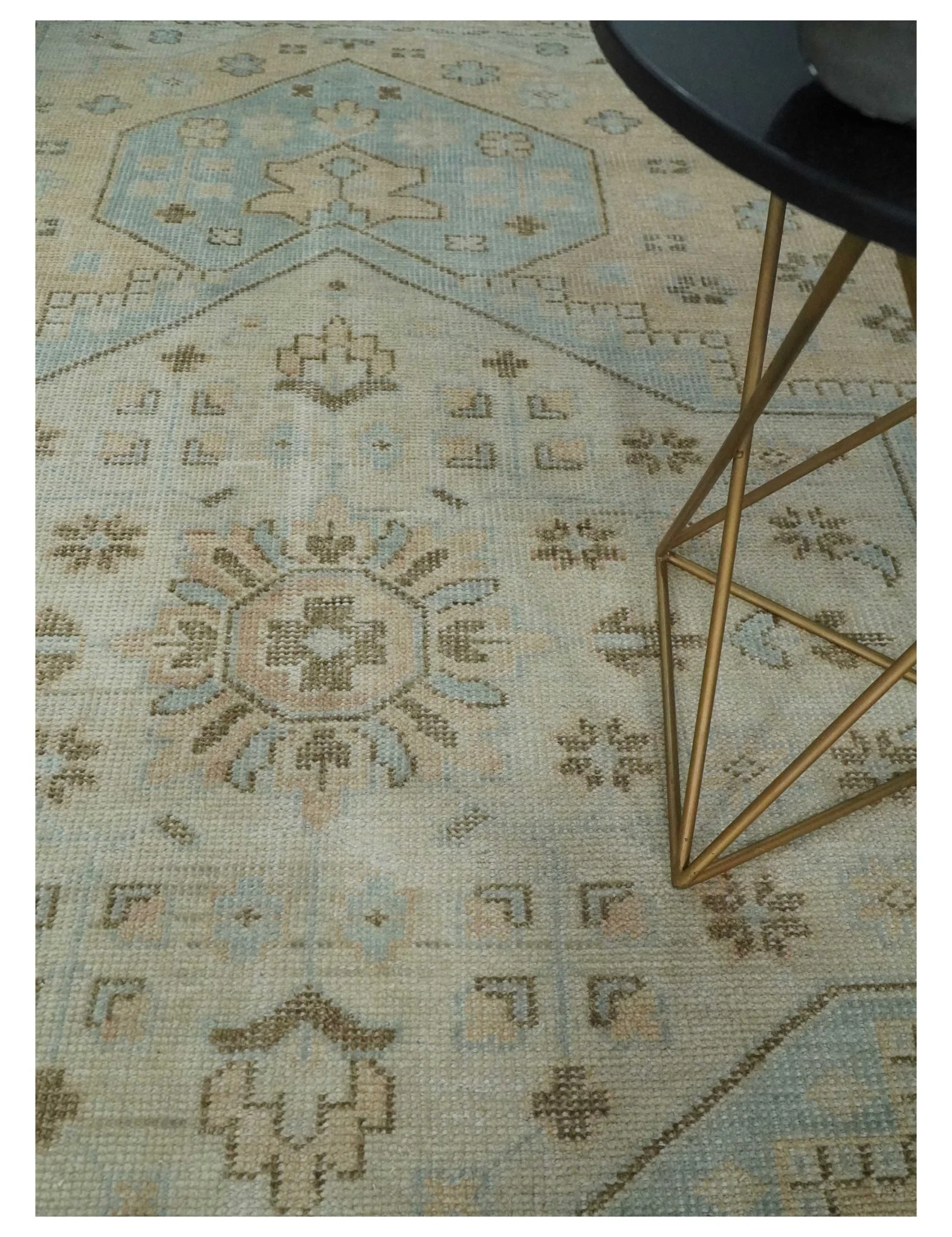 Custom Made Low Pile Hand Knotted Peach and Blue Traditional Design Wool Area Rug - Image 2