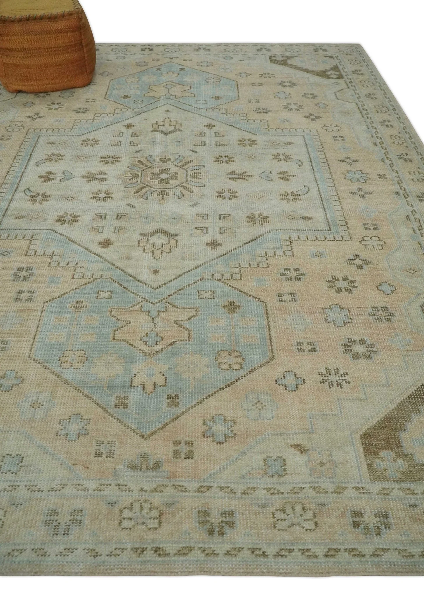 Custom Made Low Pile Hand Knotted Peach and Blue Traditional Design Wool Area Rug - Image 3