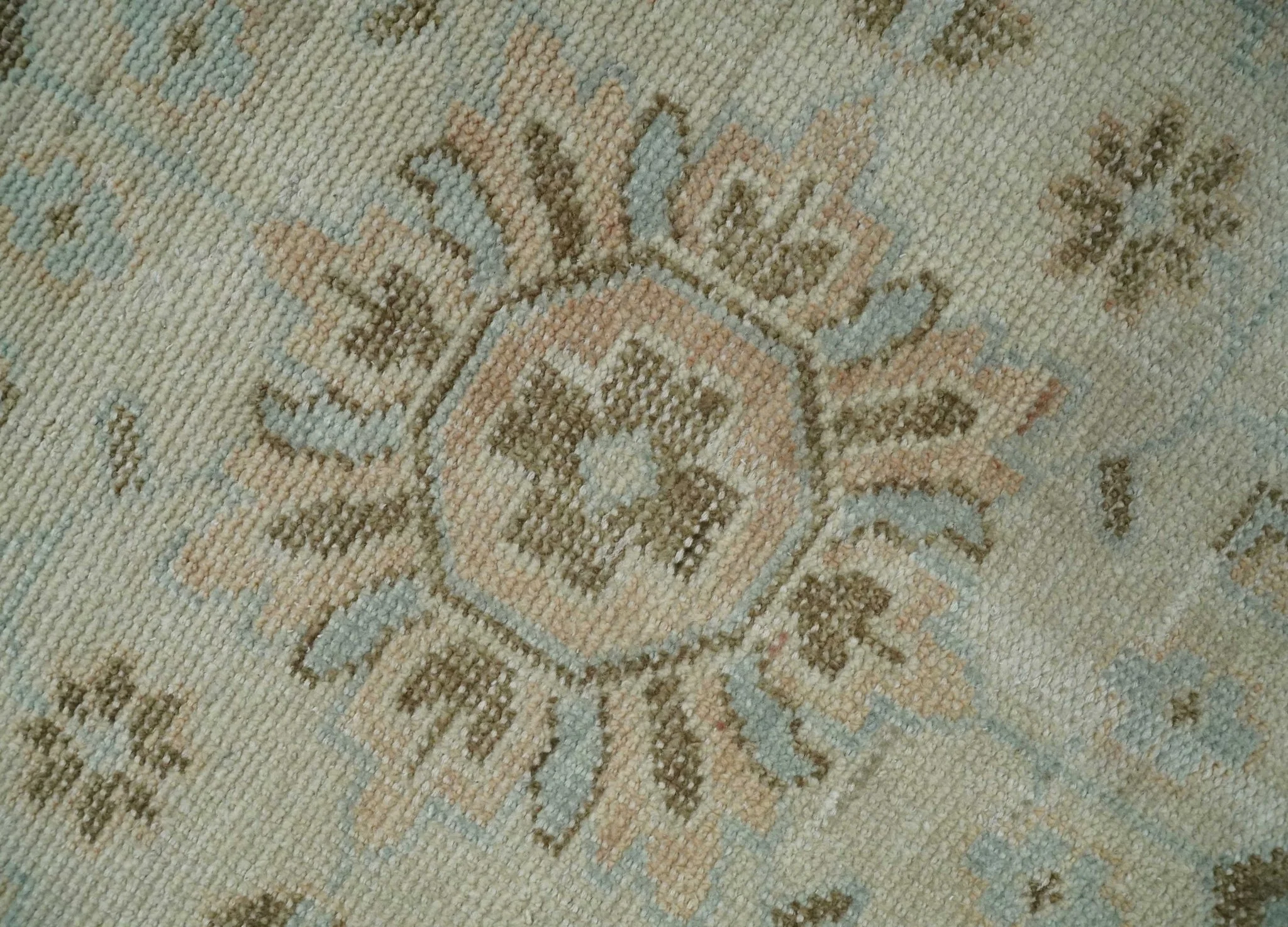 Custom Made Low Pile Hand Knotted Peach and Blue Traditional Design Wool Area Rug - Image 4