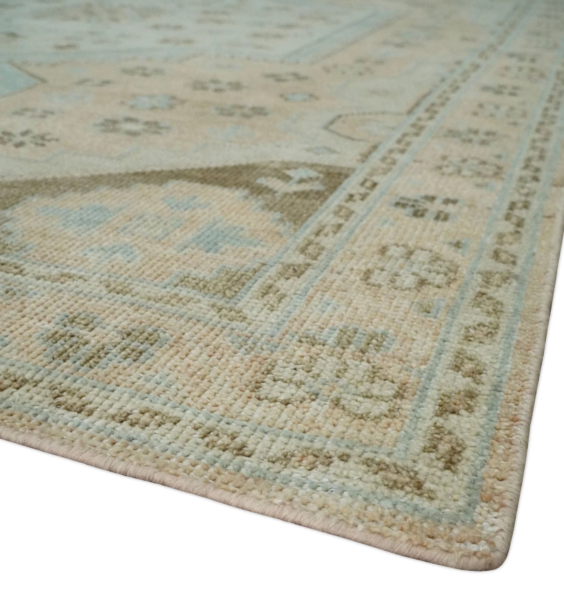 Custom Made Low Pile Hand Knotted Peach and Blue Traditional Design Wool Area Rug - Image 5