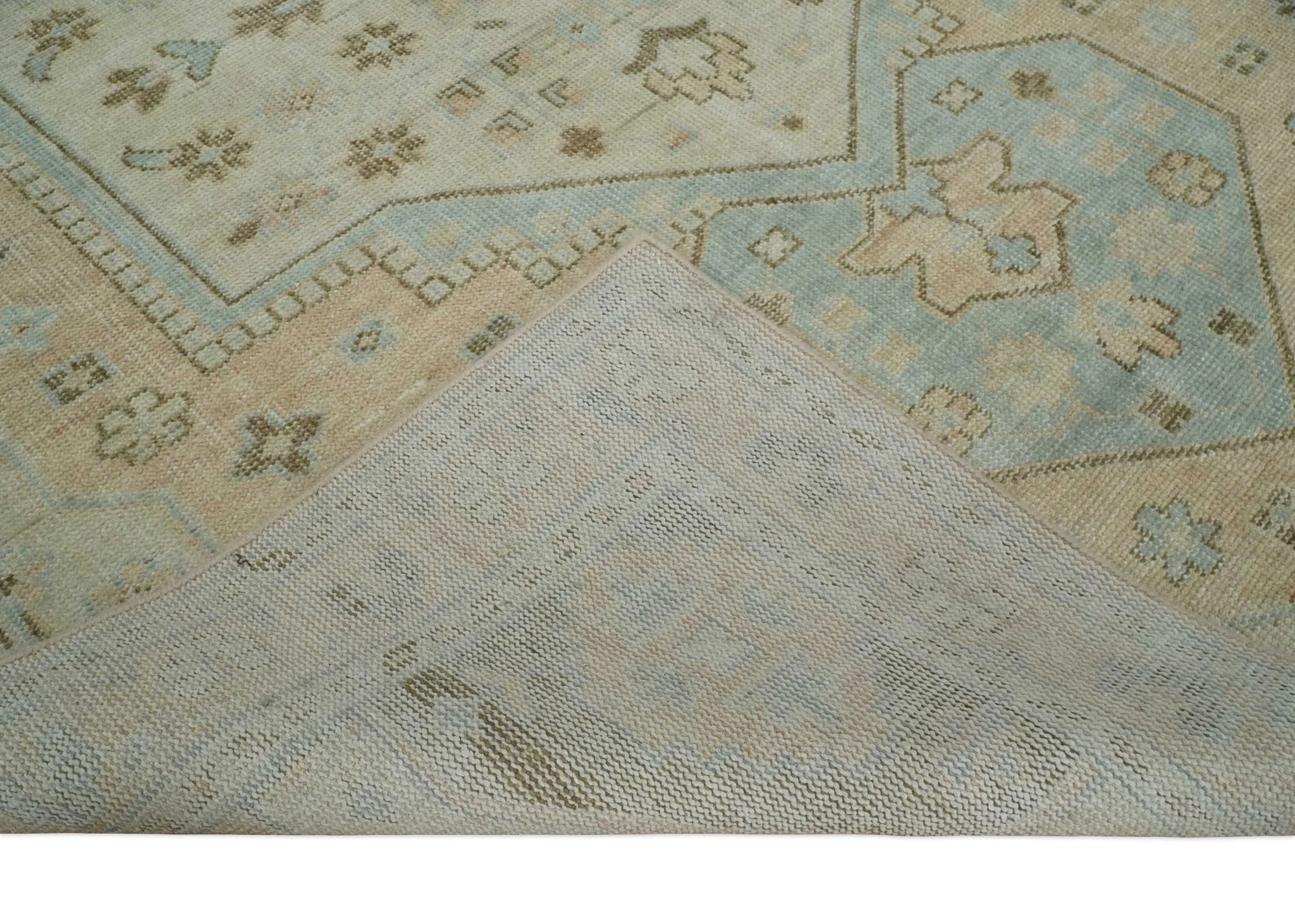 Custom Made Low Pile Hand Knotted Peach and Blue Traditional Design Wool Area Rug - Image 7
