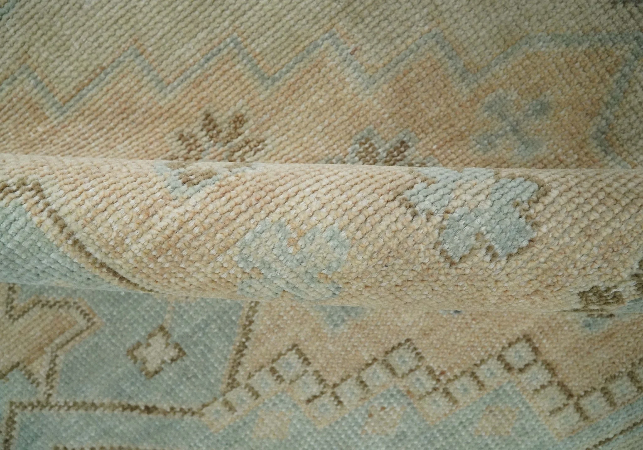 Custom Made Low Pile Hand Knotted Peach and Blue Traditional Design Wool Area Rug - Image 8