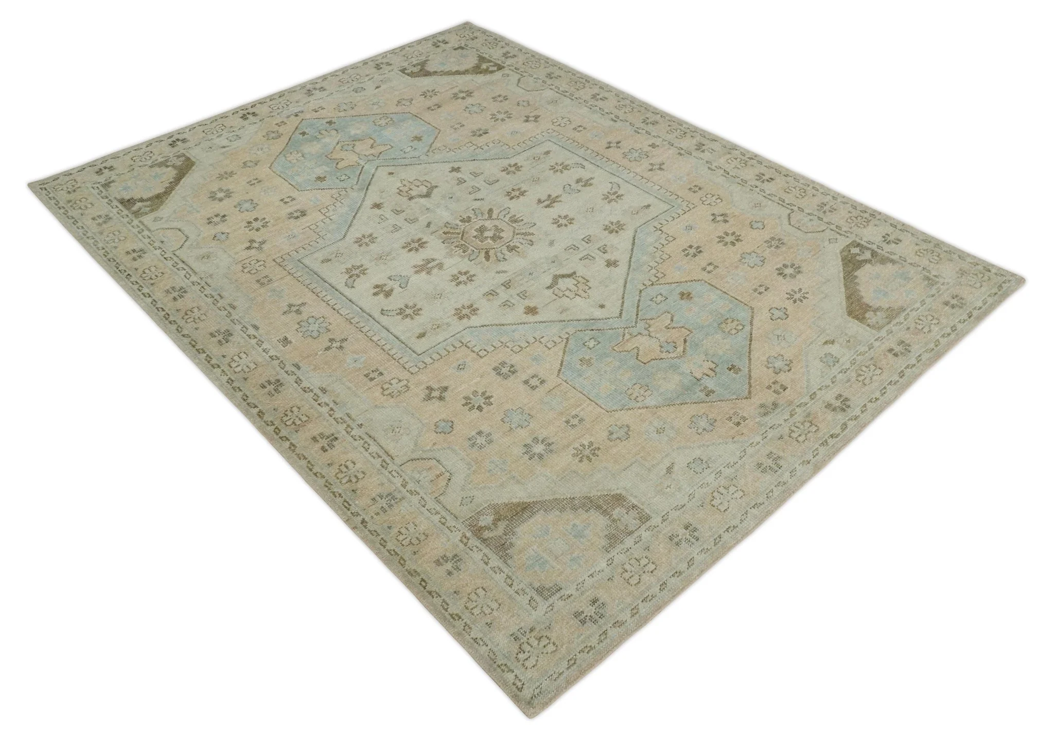 Custom Made Low Pile Hand Knotted Peach and Blue Traditional Design Wool Area Rug - Image 9