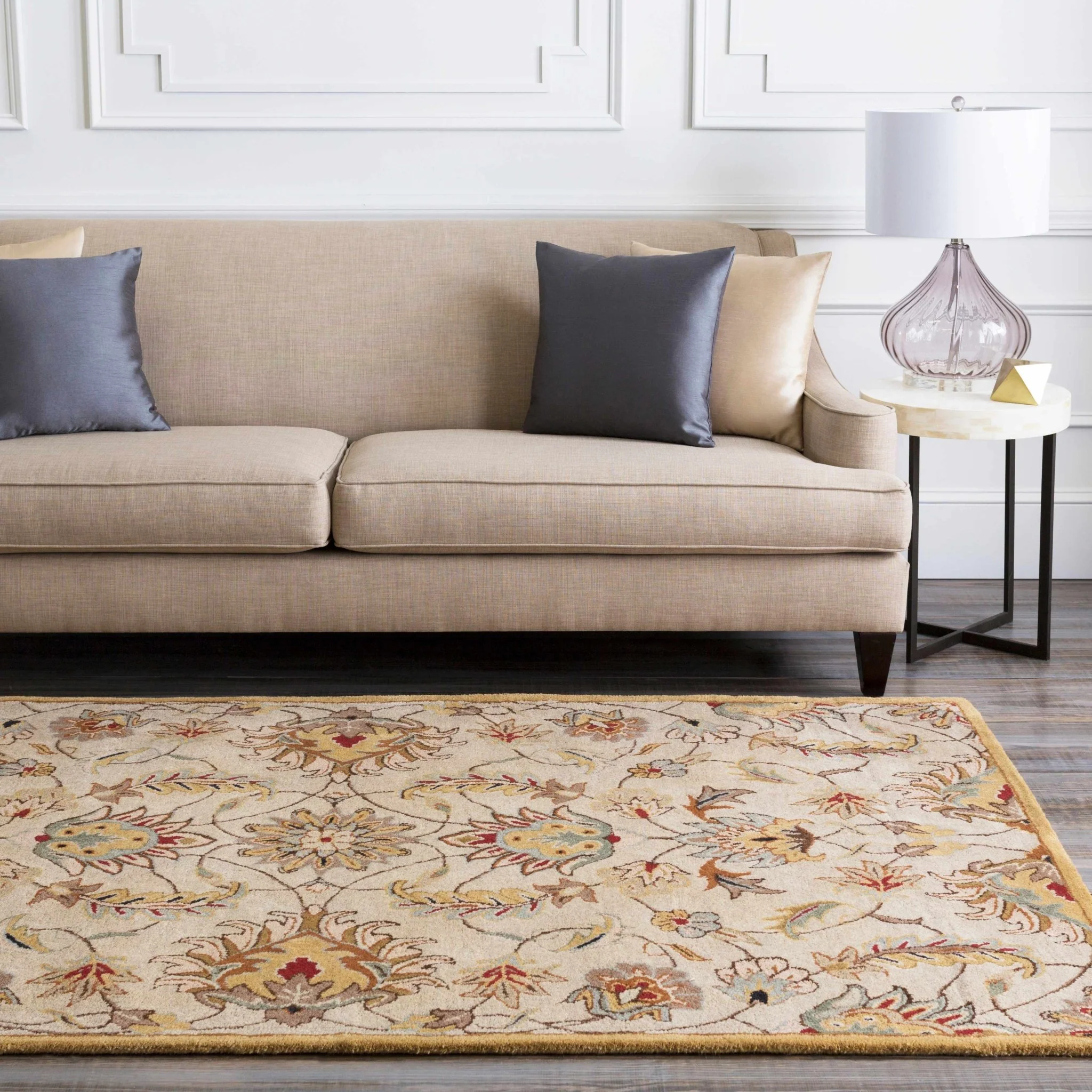 Traditional Floral Tan And Off White Hand Tufted Wool Area Rug - Image 17