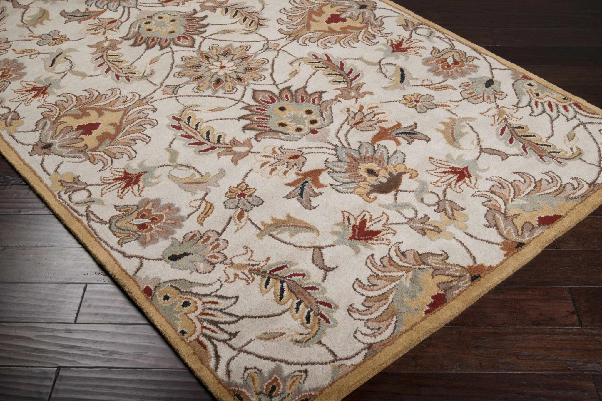 Traditional Floral Tan And Off White Hand Tufted Wool Area Rug - Image 2