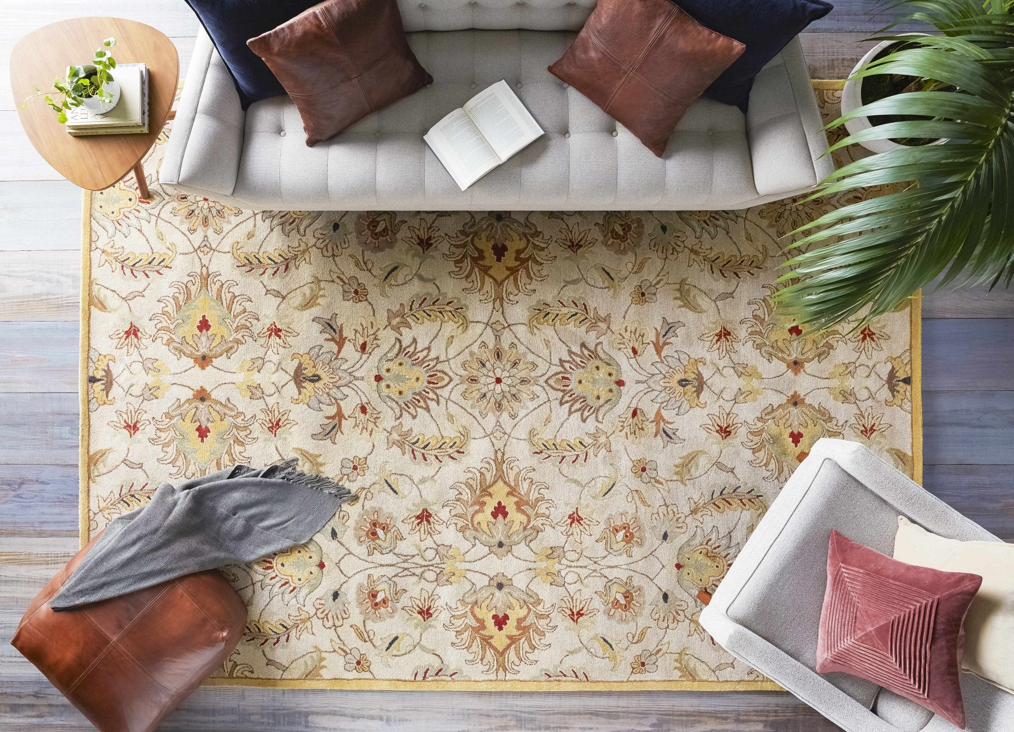 Traditional Floral Tan And Off White Hand Tufted Wool Area Rug - Image 3