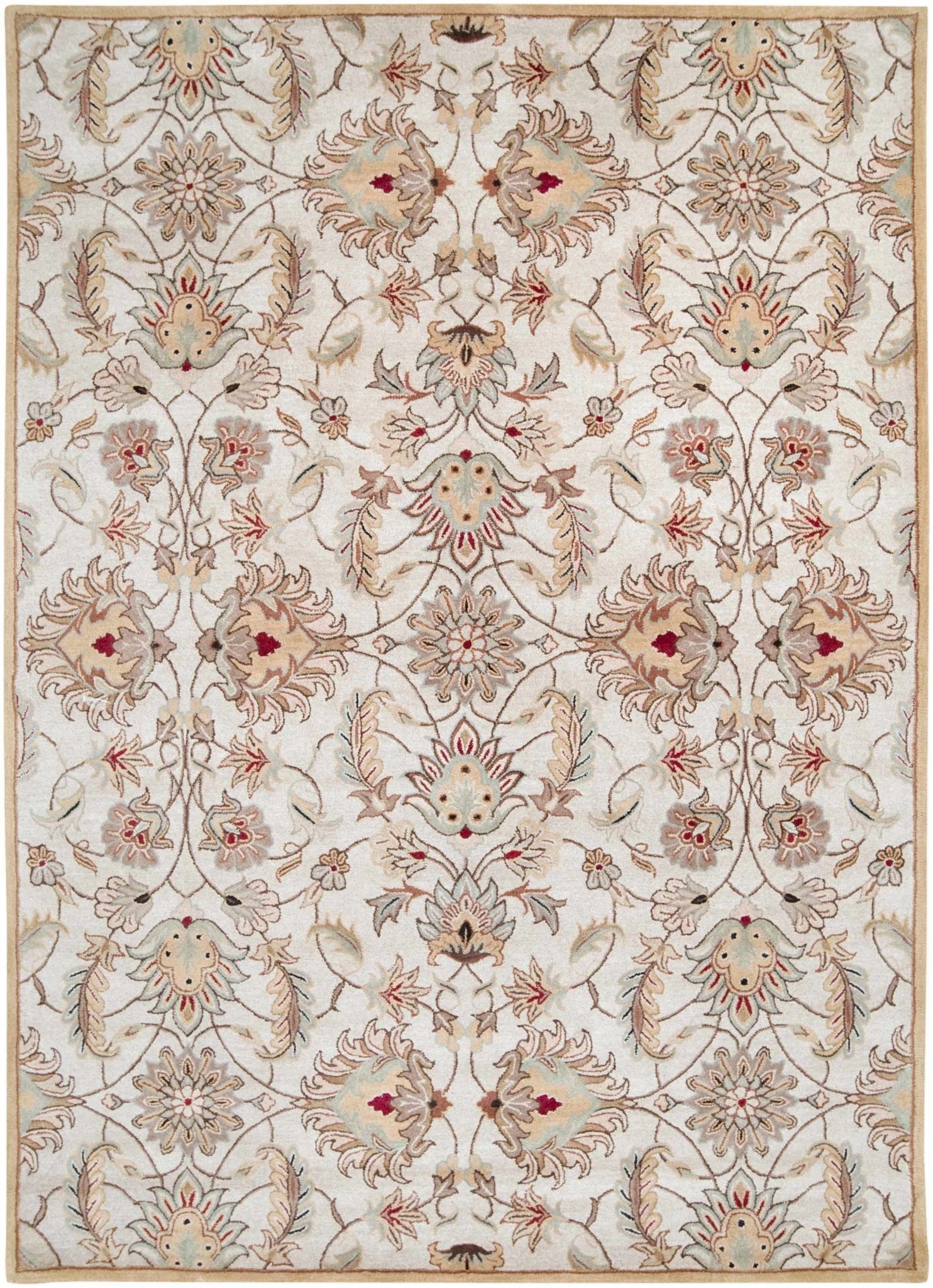 Traditional Floral Tan And Off White Hand Tufted Wool Area Rug - Image 6