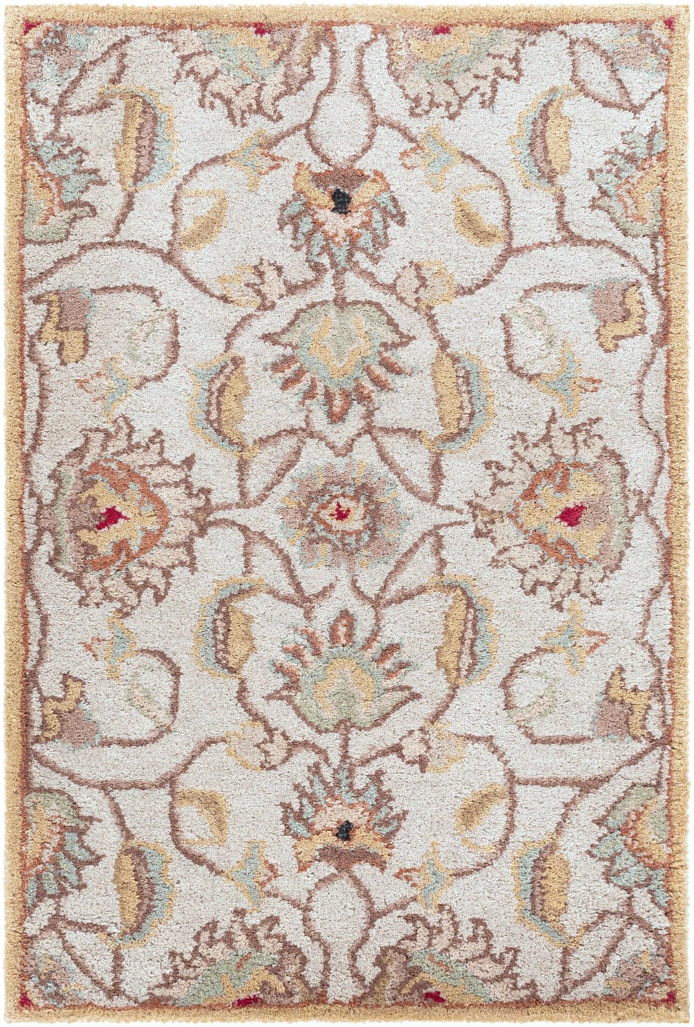 Traditional Floral Tan And Off White Hand Tufted Wool Area Rug - Image 7