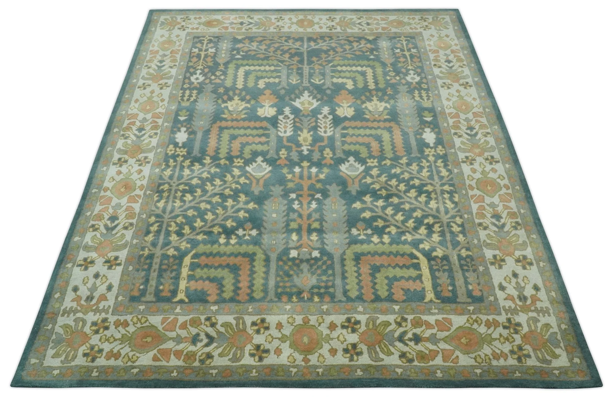 Custom Made Tree of life Traditional Teal, Silver, Green and Dark Peach wool Rug - Image 11