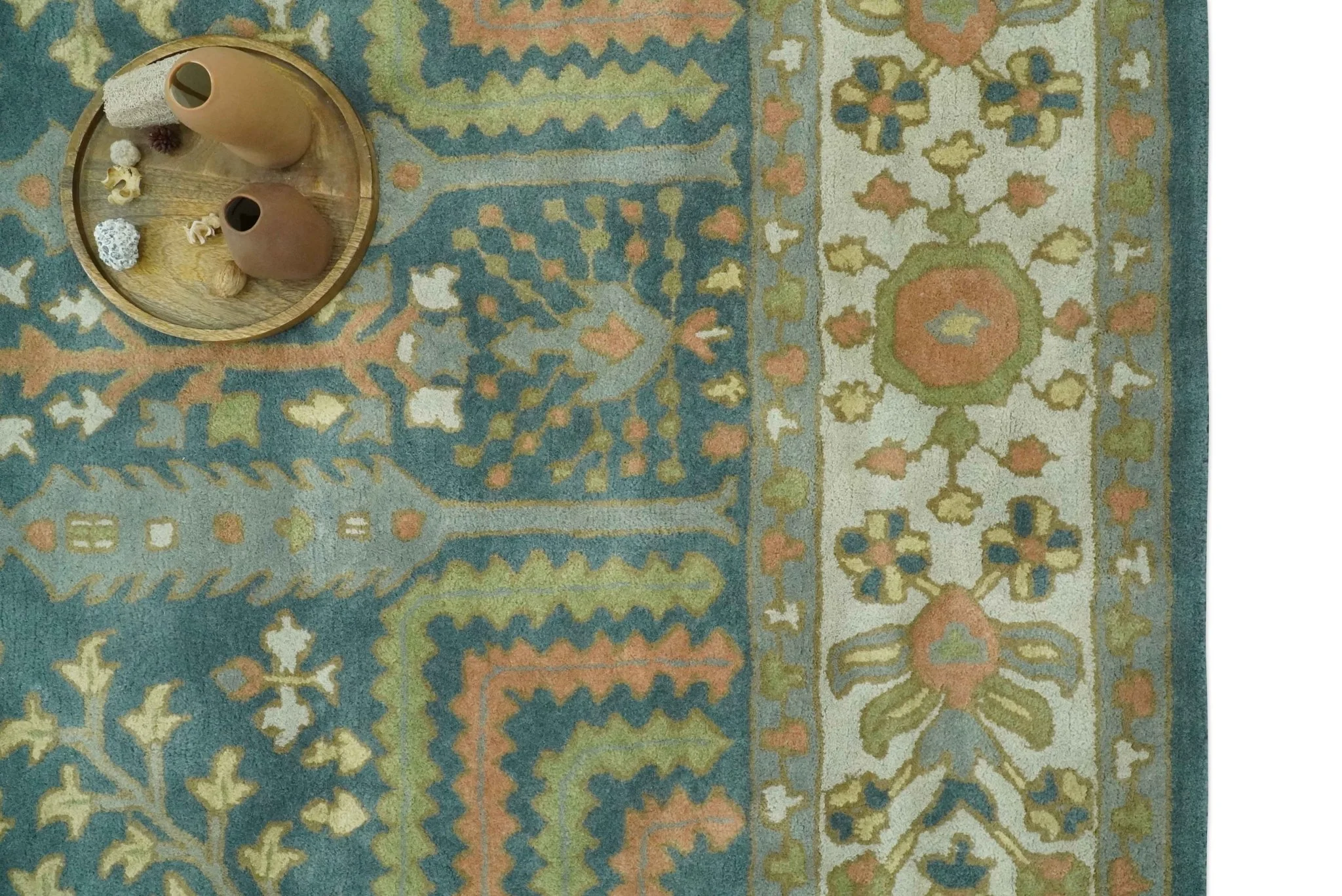 Custom Made Tree of life Traditional Teal, Silver, Green and Dark Peach wool Rug - Image 12