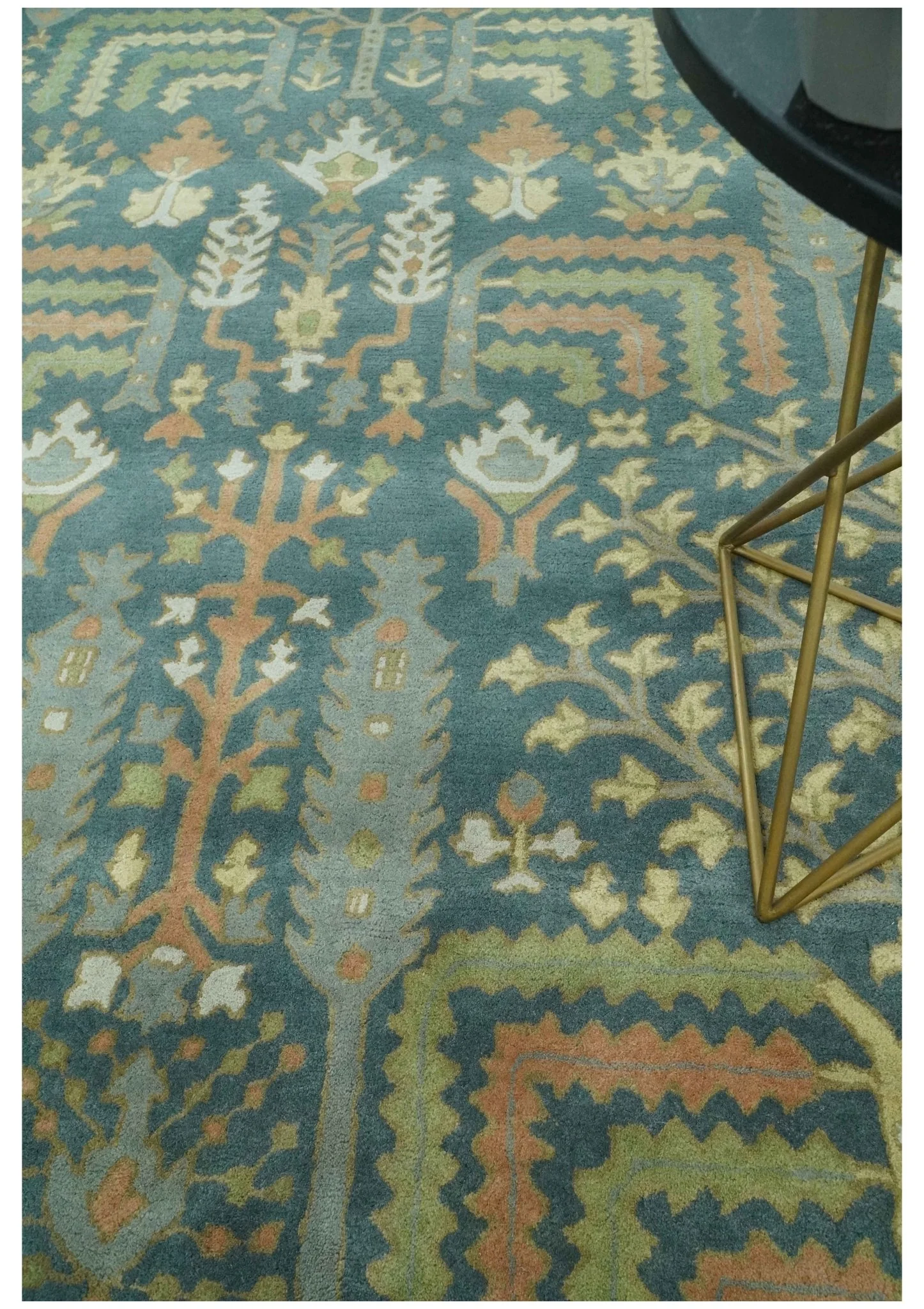 Custom Made Tree of life Traditional Teal, Silver, Green and Dark Peach wool Rug - Image 3