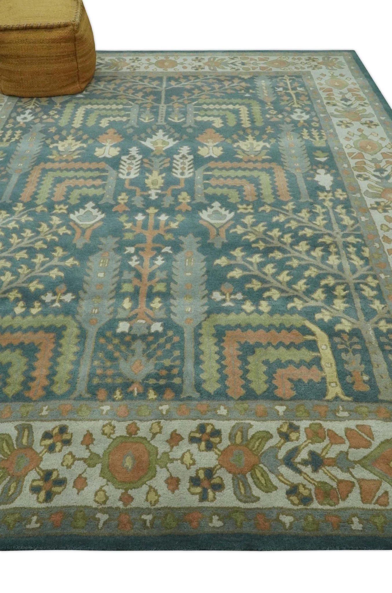 Custom Made Tree of life Traditional Teal, Silver, Green and Dark Peach wool Rug - Image 4