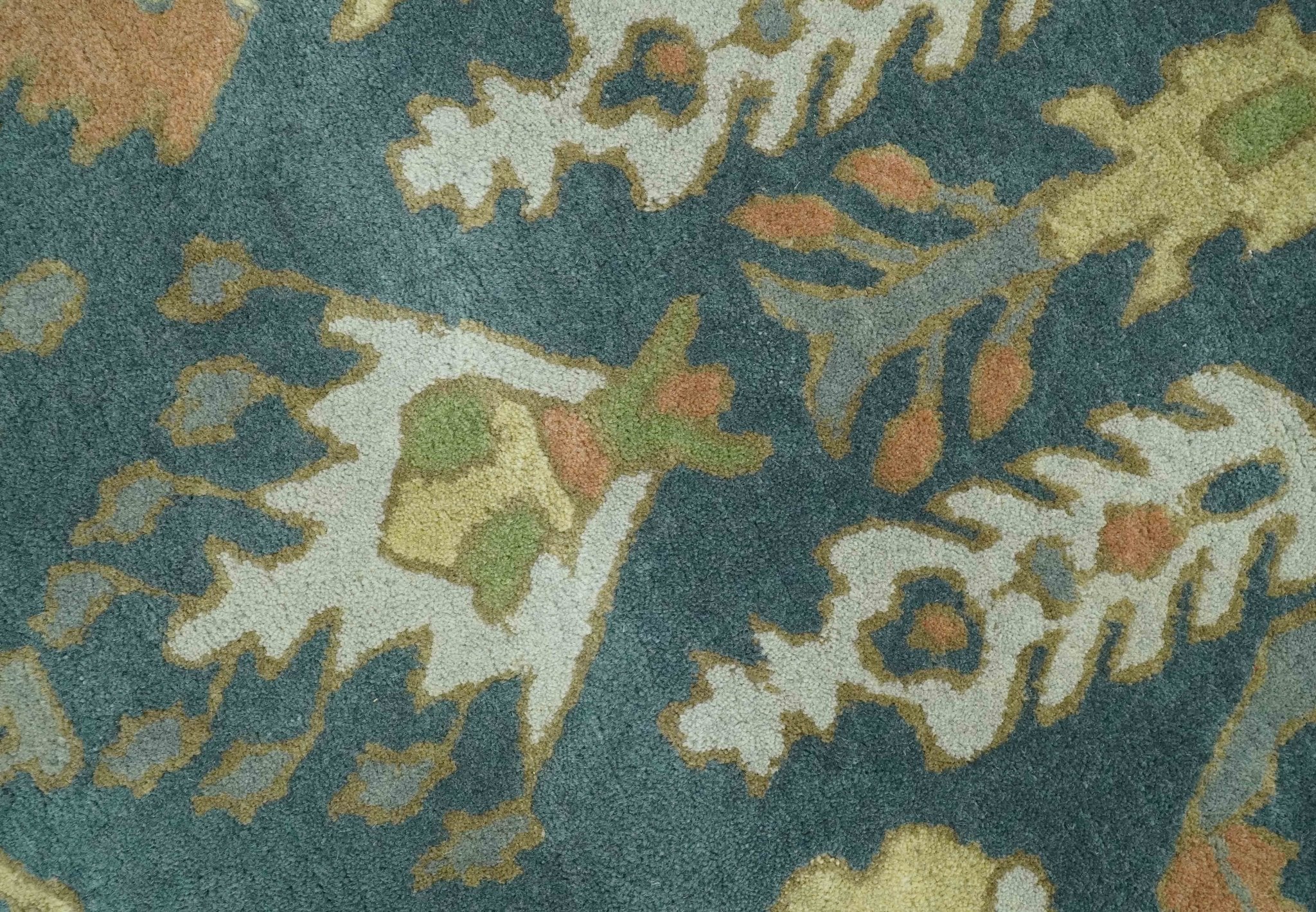 Custom Made Tree of life Traditional Teal, Silver, Green and Dark Peach wool Rug - Image 5