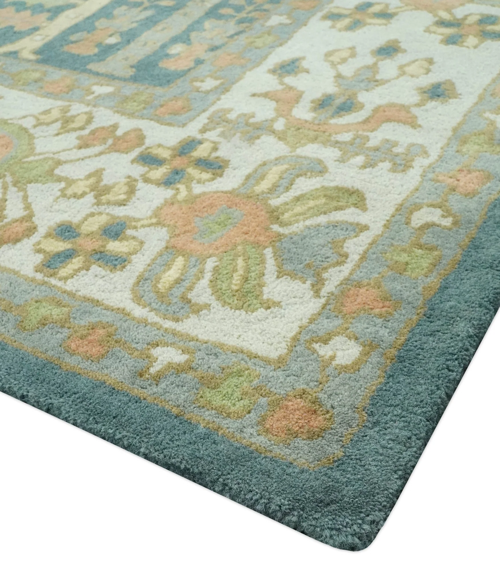 Custom Made Tree of life Traditional Teal, Silver, Green and Dark Peach wool Rug - Image 6