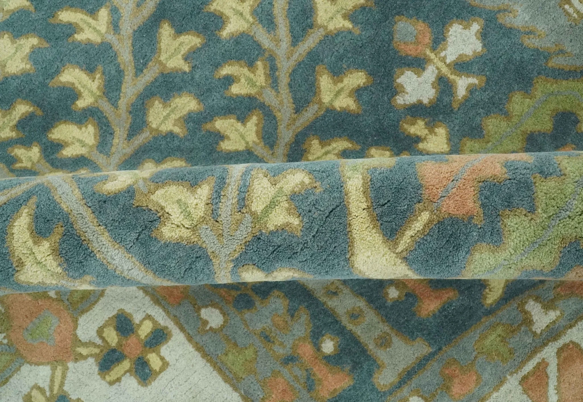 Custom Made Tree of life Traditional Teal, Silver, Green and Dark Peach wool Rug - Image 7