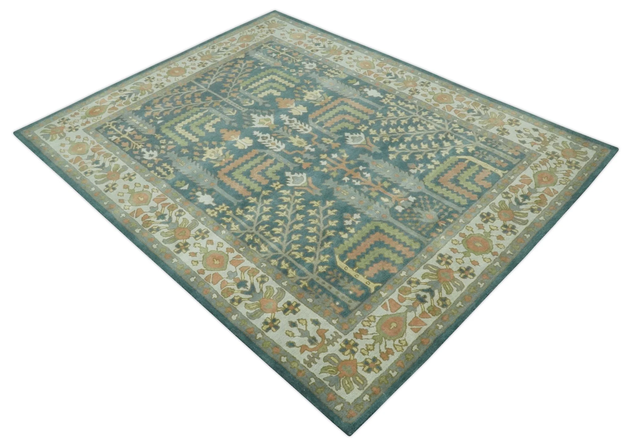 Custom Made Tree of life Traditional Teal, Silver, Green and Dark Peach wool Rug - Image 9