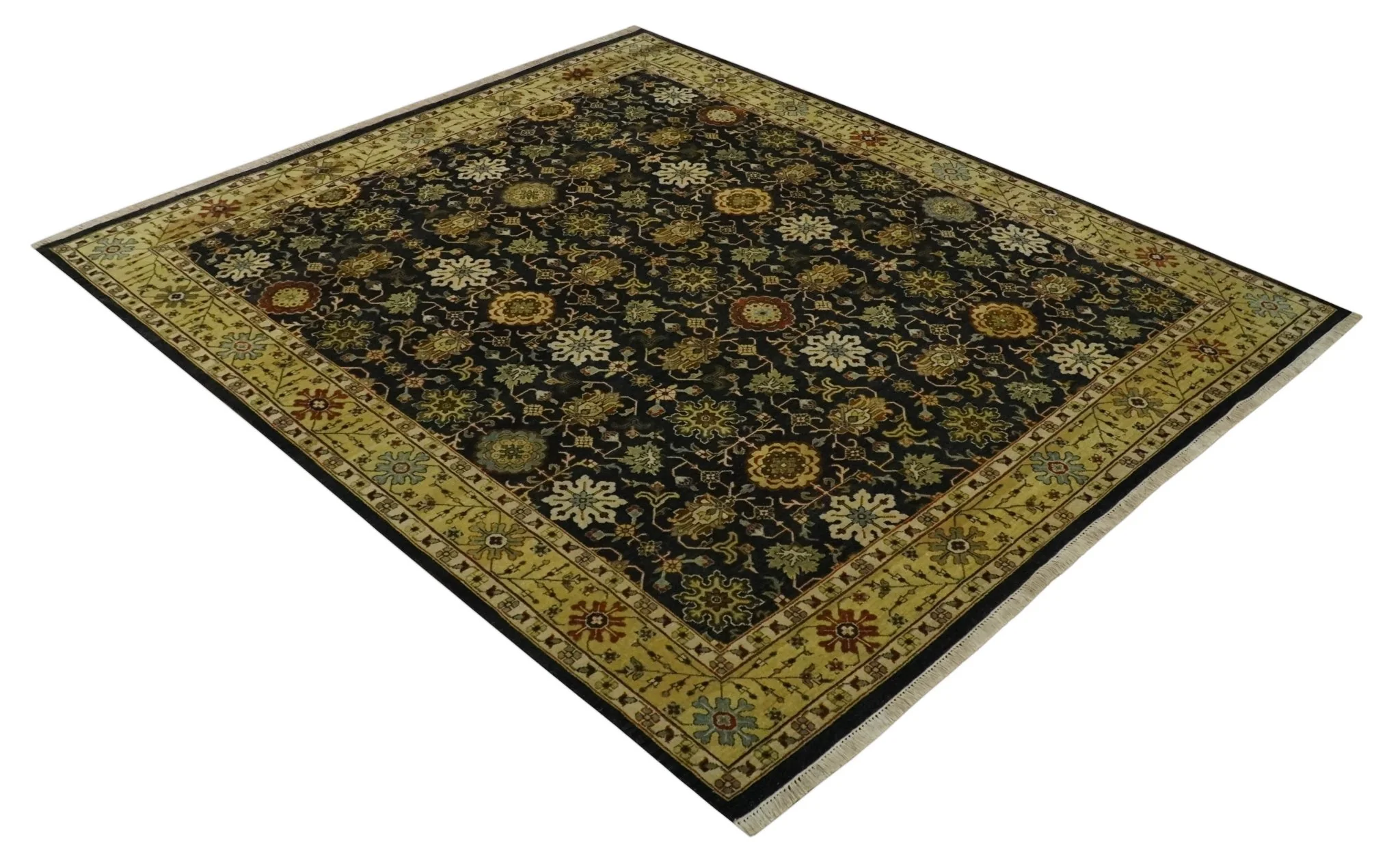 Traditional Floral Vintage Style Black and Olive Hand knotted 8x10 wool area Rug - Image 10