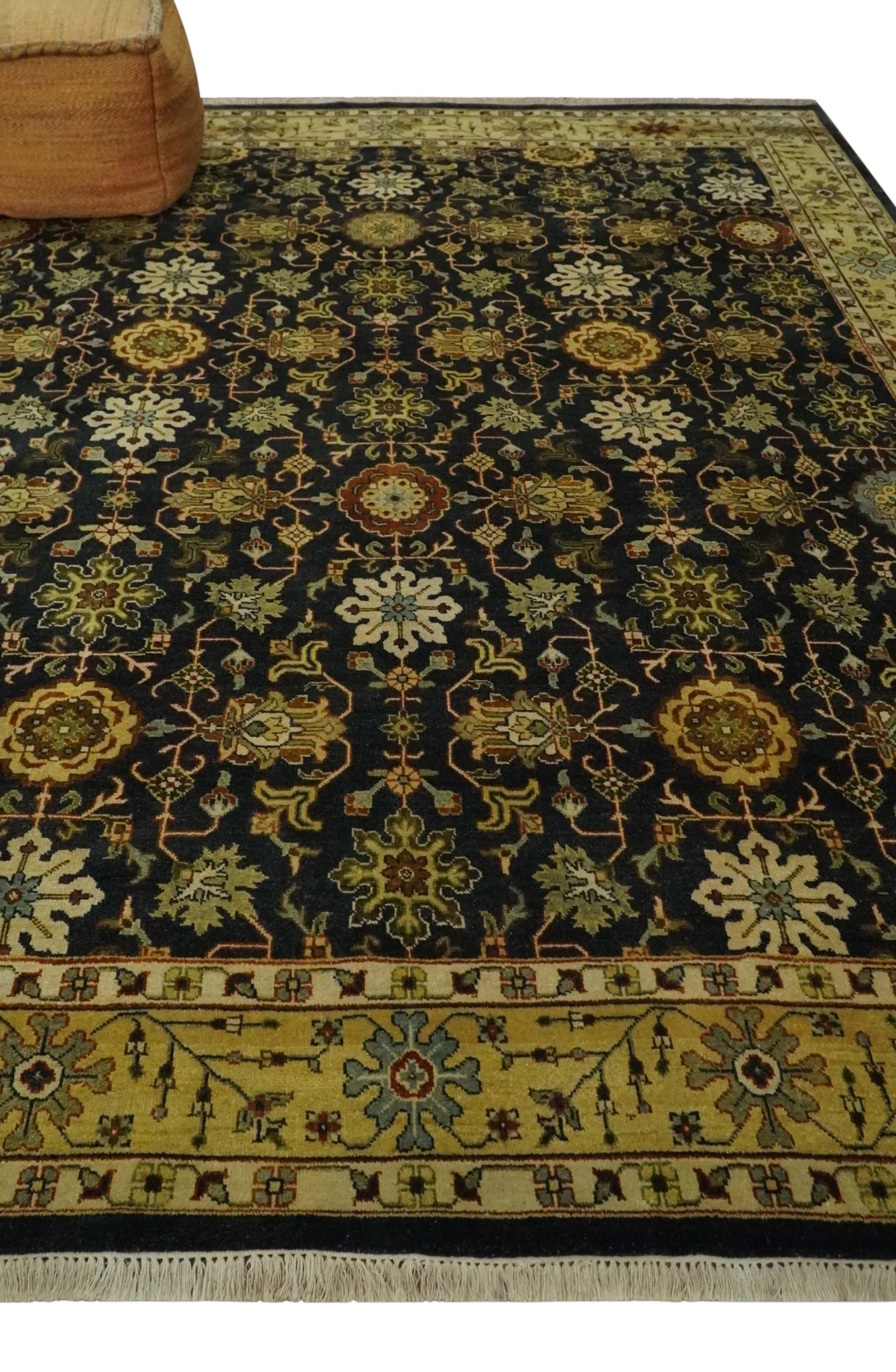 Traditional Floral Vintage Style Black and Olive Hand knotted 8x10 wool area Rug - Image 3