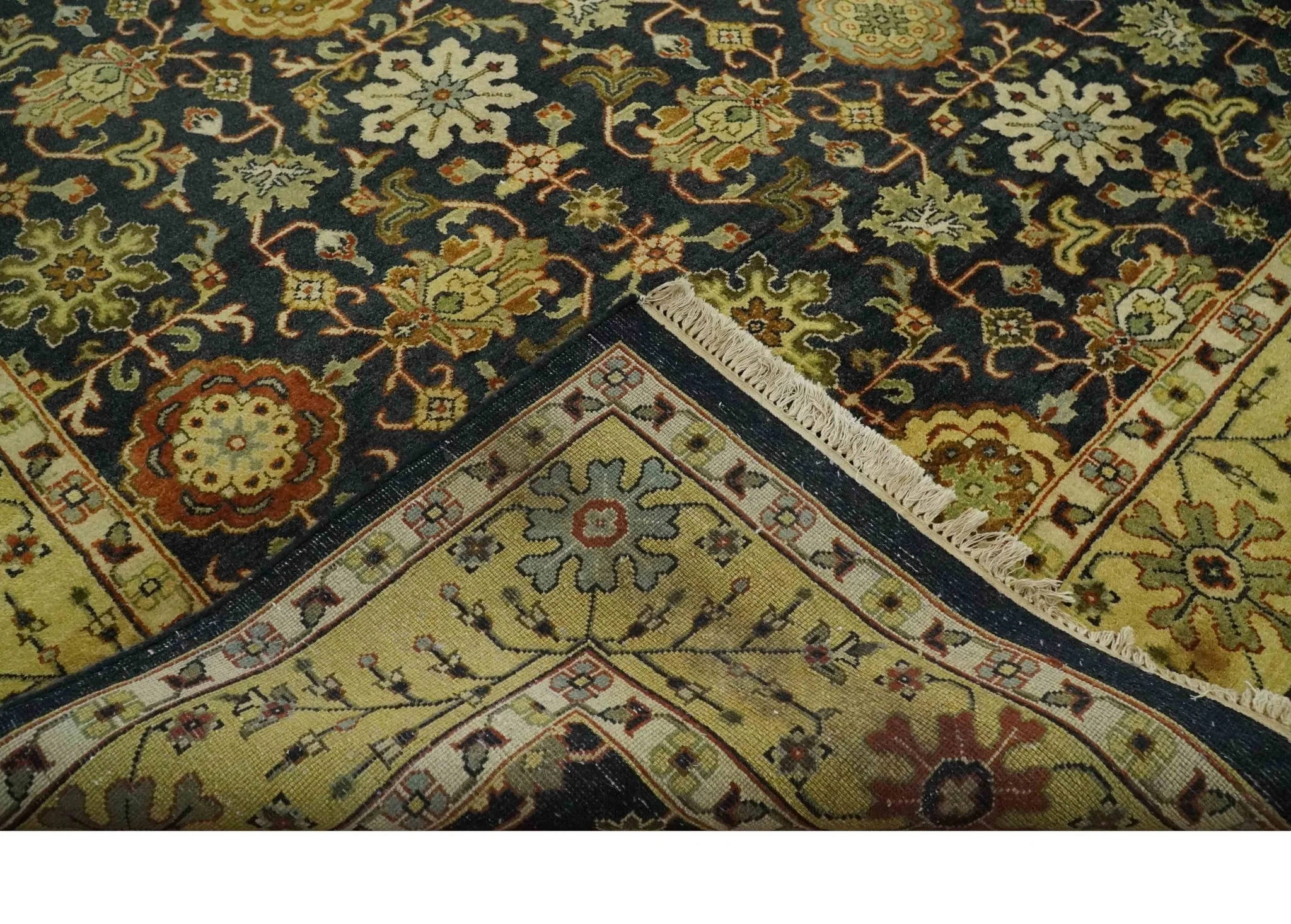 Traditional Floral Vintage Style Black and Olive Hand knotted 8x10 wool area Rug - Image 8