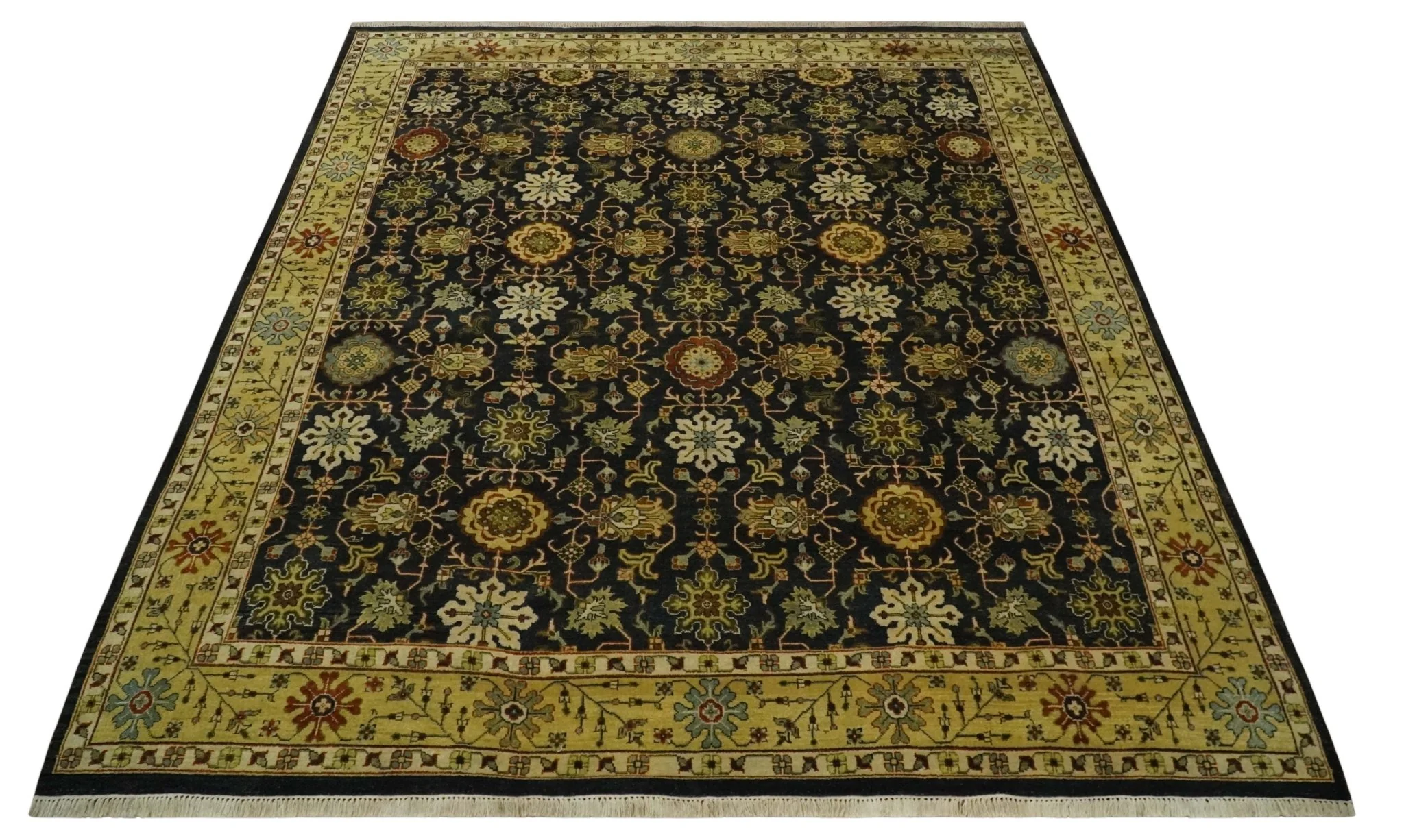 Traditional Floral Vintage Style Black and Olive Hand knotted 8x10 wool area Rug - Image 9