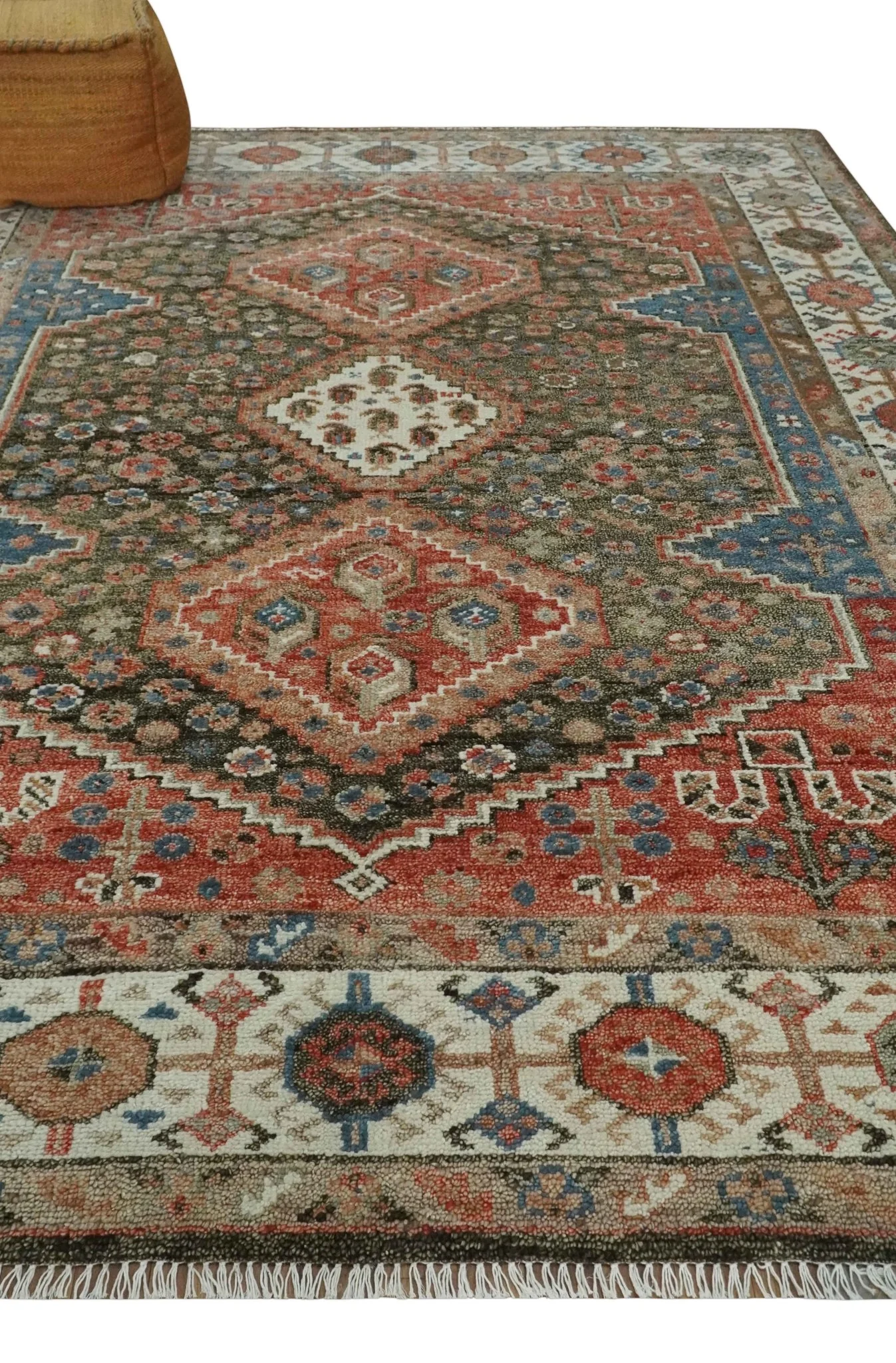 Custom made Traditional Vintage Style Green, Rust and Ivory Turkish design wool Area Rug - Image 3