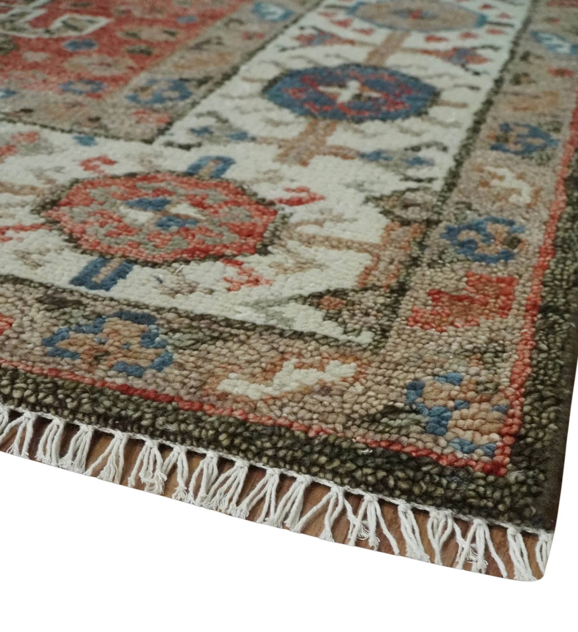 Custom made Traditional Vintage Style Green, Rust and Ivory Turkish design wool Area Rug - Image 5