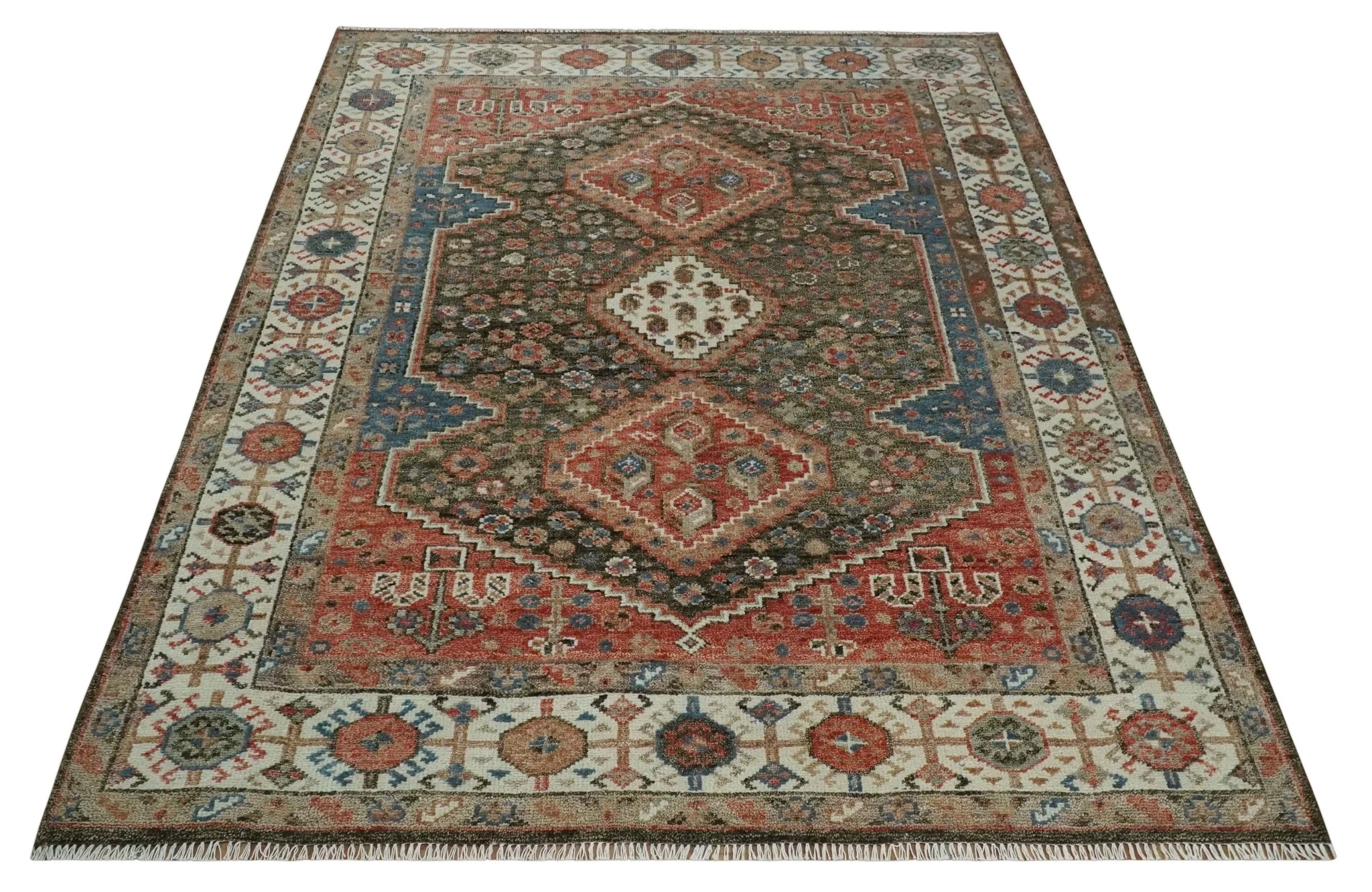 Custom made Traditional Vintage Style Green, Rust and Ivory Turkish design wool Area Rug - Image 8