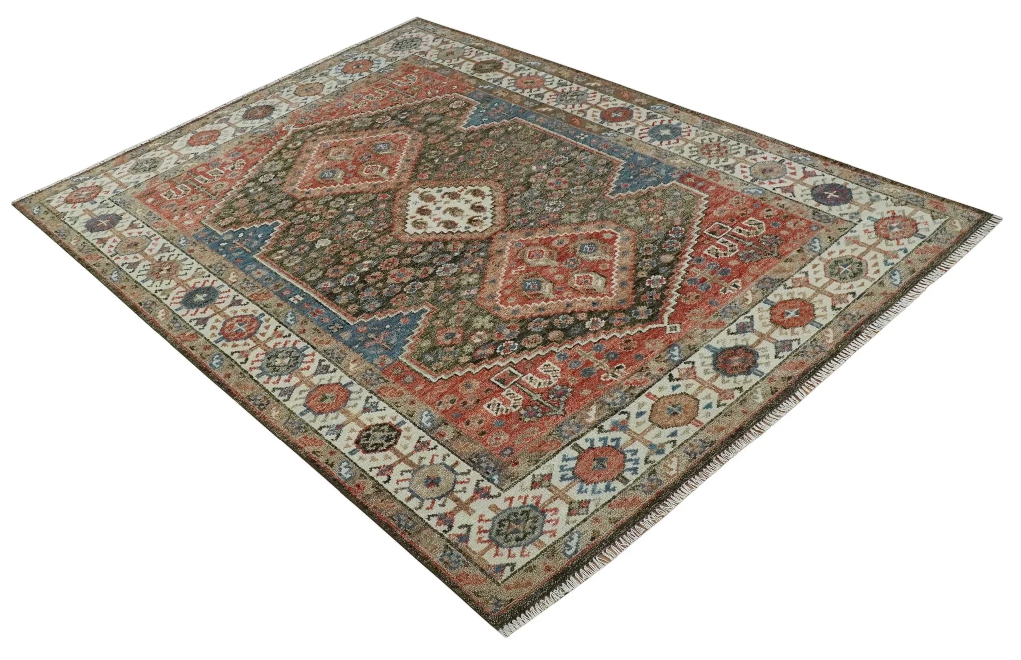 Custom made Traditional Vintage Style Green, Rust and Ivory Turkish design wool Area Rug - Image 9