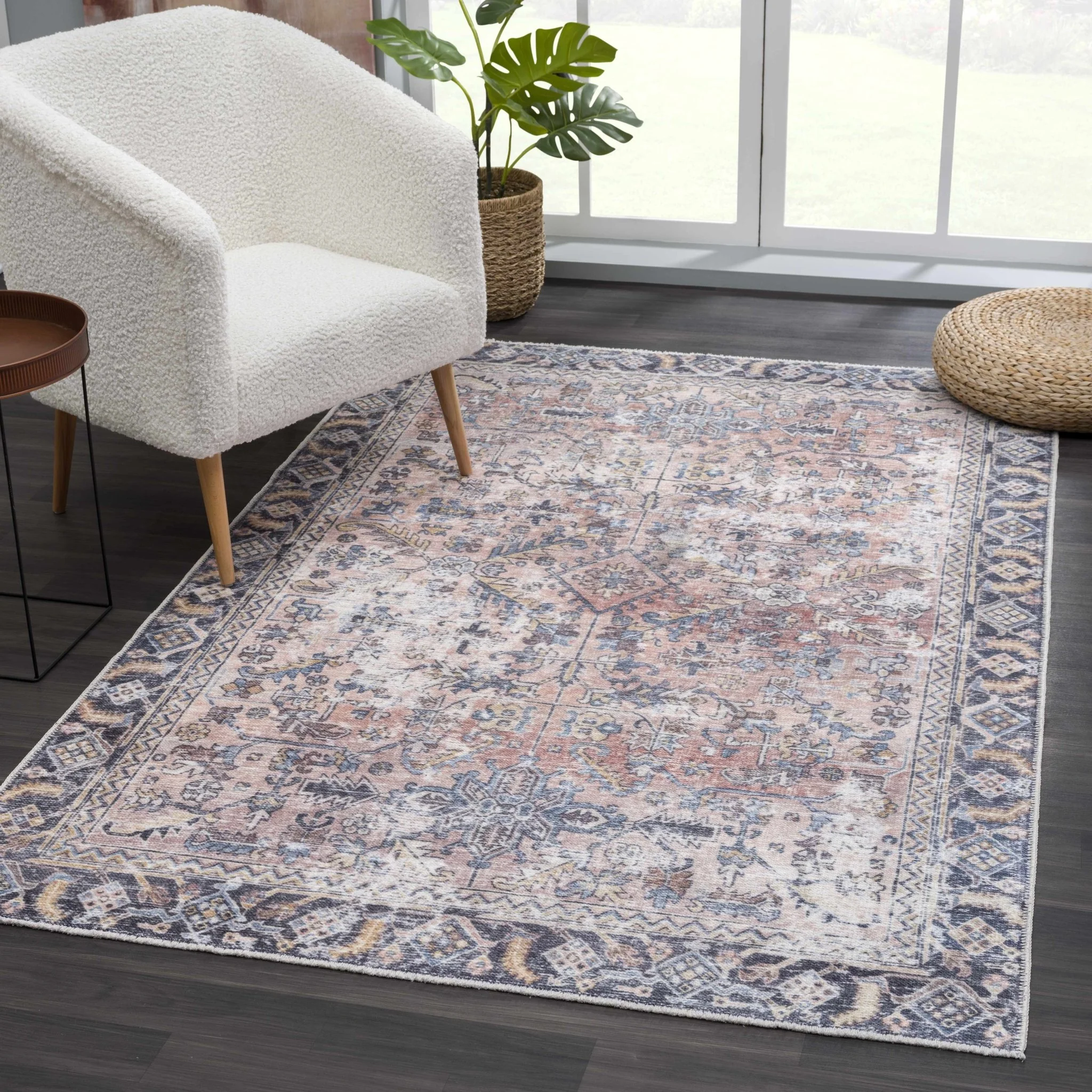Traditional Vintage Style Turkish Machine Rust, Ivory and Black Machine Washable Area Rug - Image 4