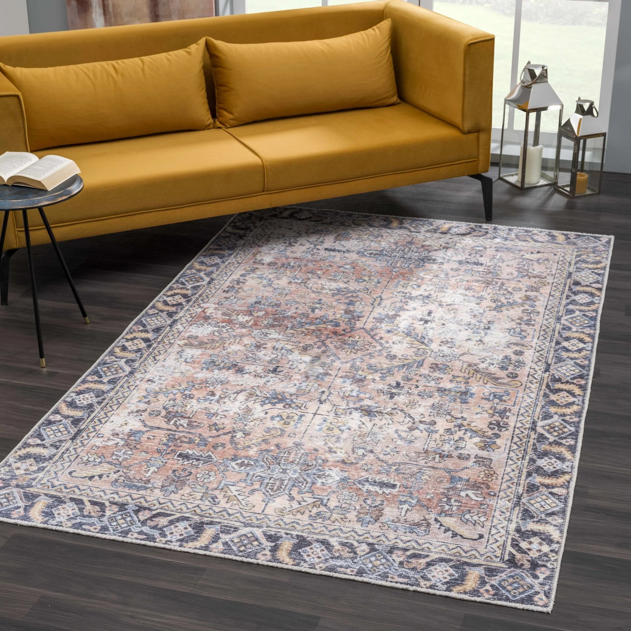 Traditional Vintage Style Turkish Machine Rust, Ivory and Black Machine Washable Area Rug - Image 8
