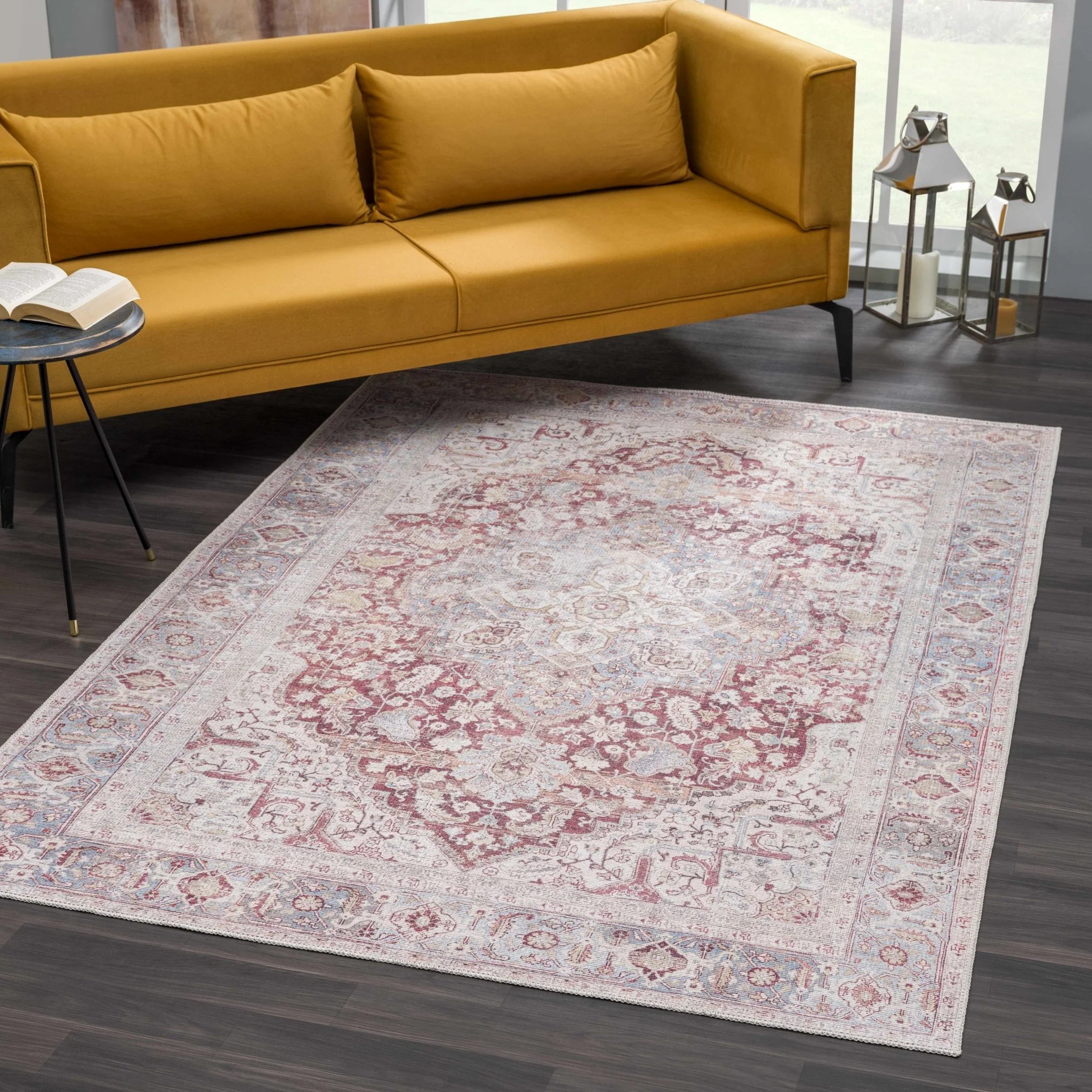 Vintage Style Traditional Flower Blue, Brown and Beige Machine Washable Rug - Image 12