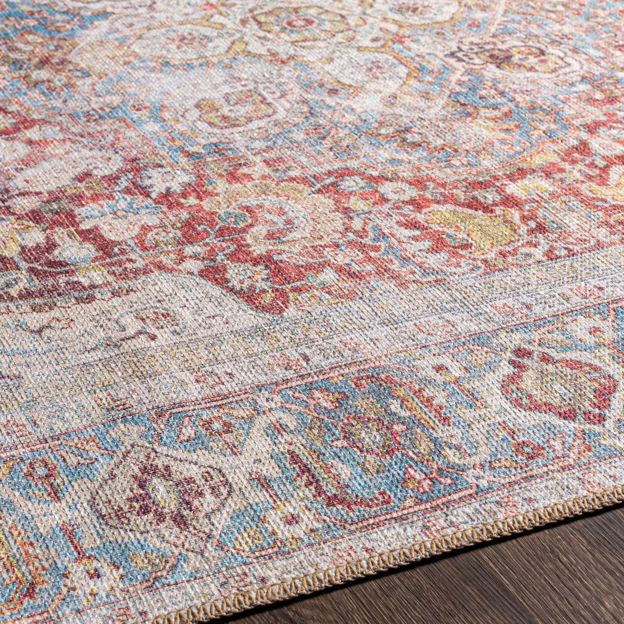 Vintage Style Traditional Flower Blue, Brown and Beige Machine Washable Rug - Image 21