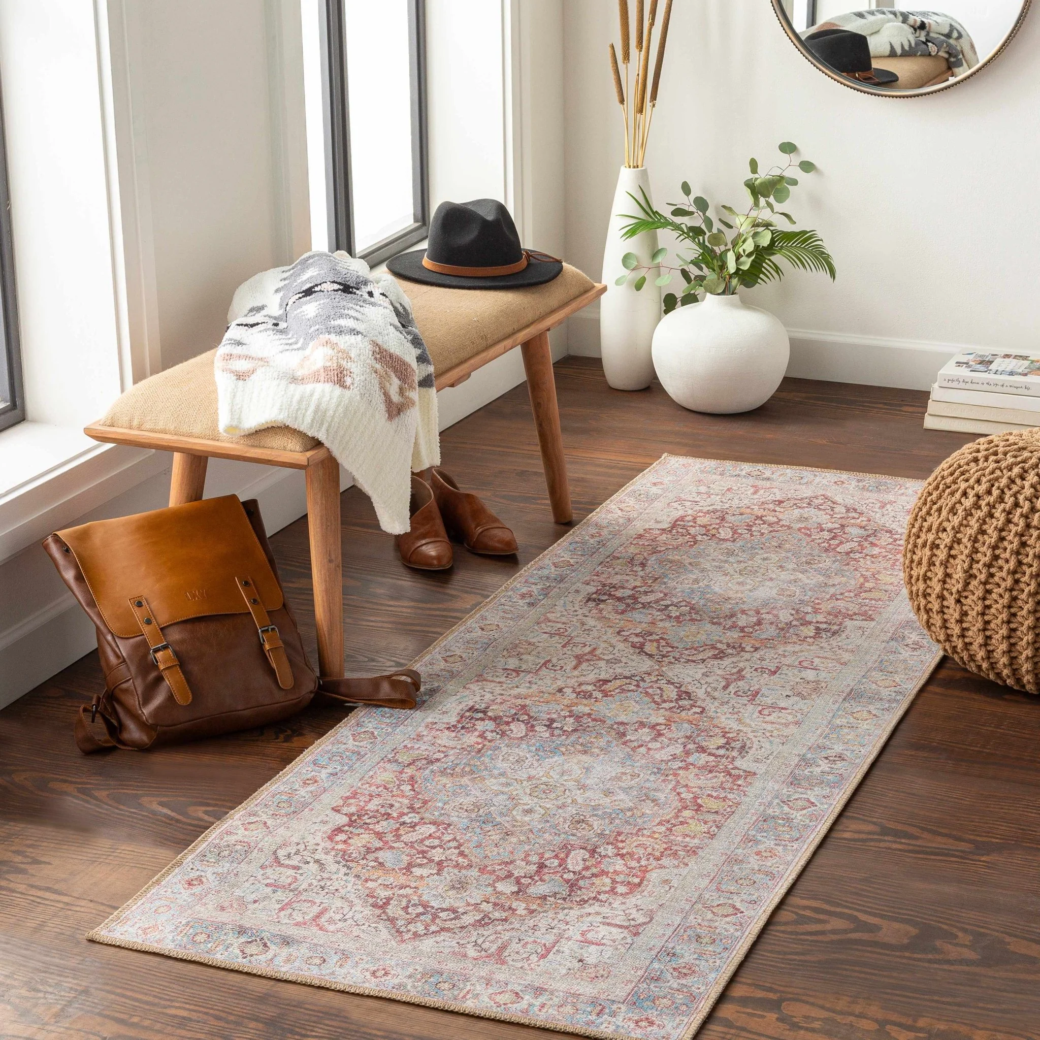 Vintage Style Traditional Flower Blue, Brown and Beige Machine Washable Rug - Image 3
