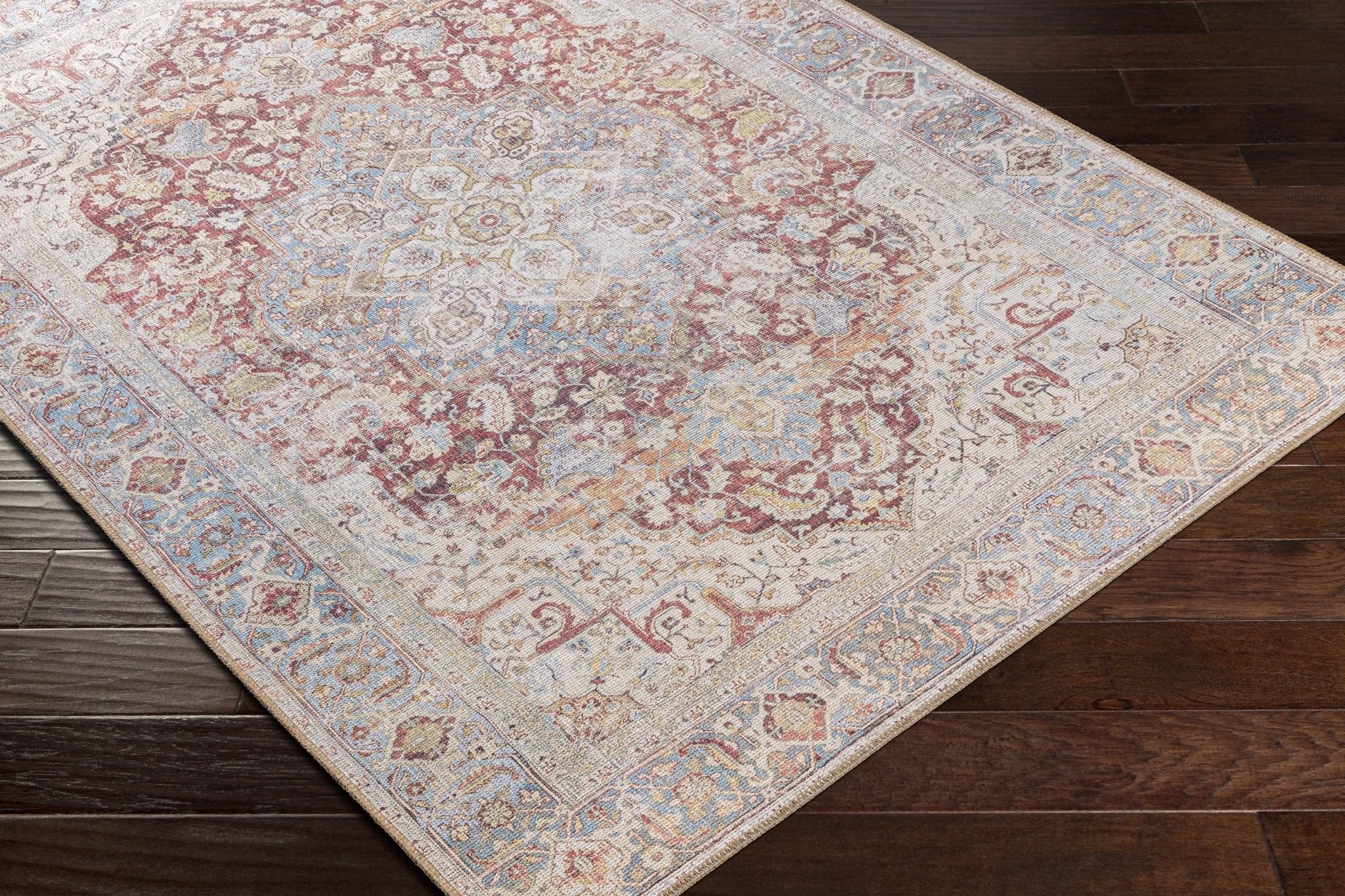 Vintage Style Traditional Flower Blue, Brown and Beige Machine Washable Rug - Image 6