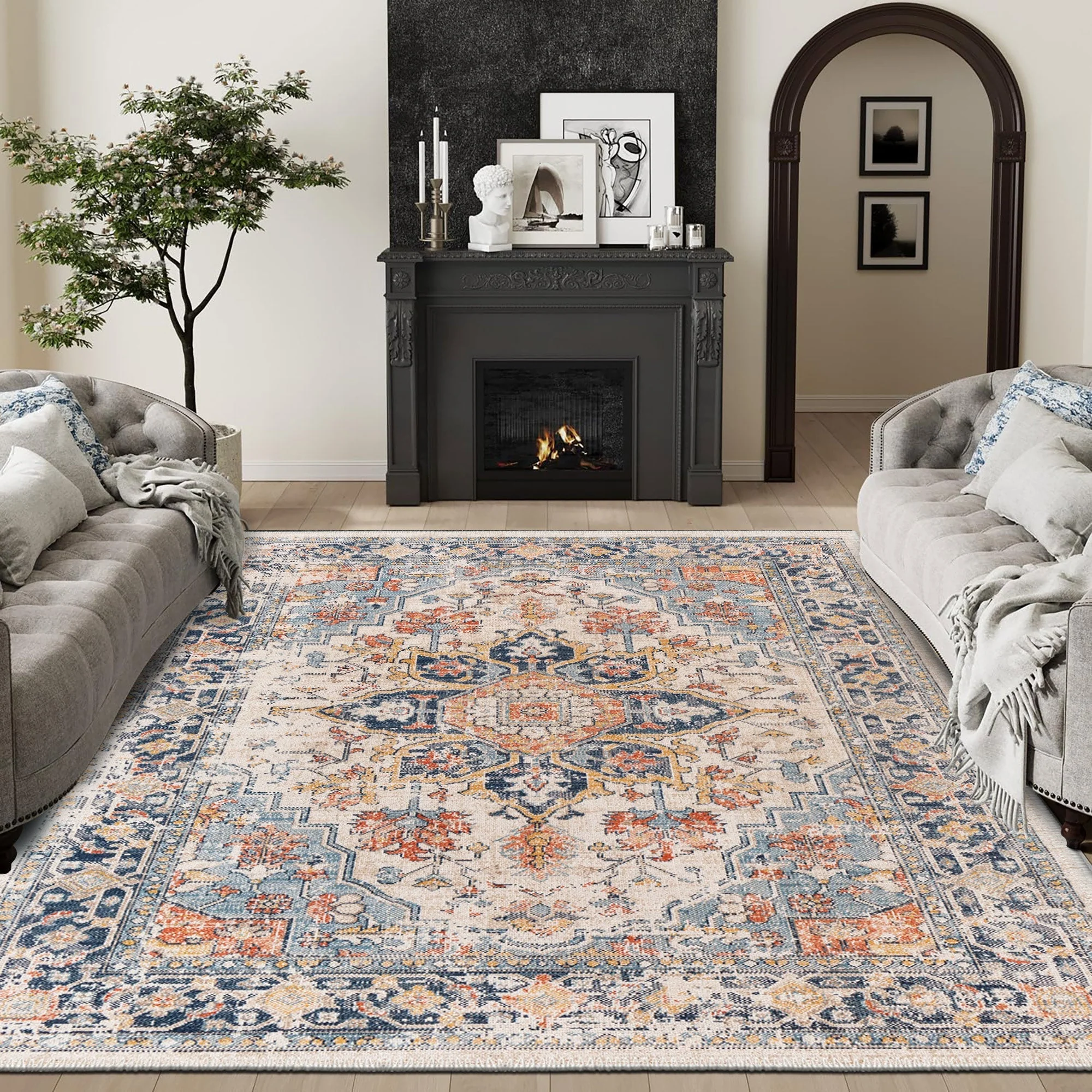 Traditional Gray And Beige Machine Washable Area Rug - Image 3