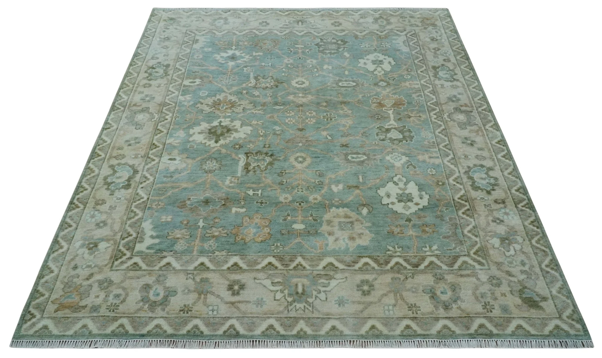 Custom Made Traditional Aqua and Silver Antique Style Multi size Hand knotted Wool Area Rug - Image 10