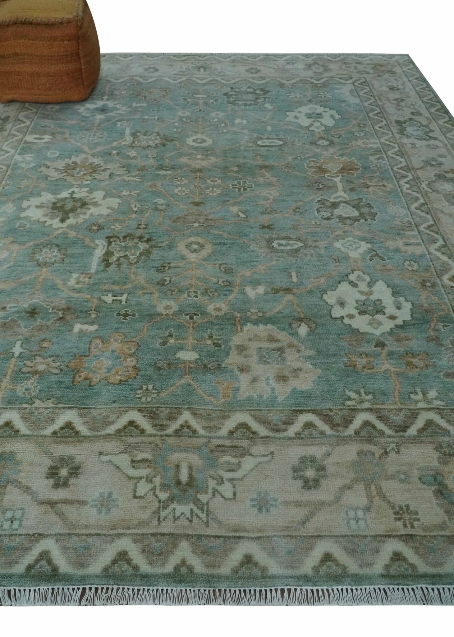 Custom Made Traditional Aqua and Silver Antique Style Multi size Hand knotted Wool Area Rug - Image 3