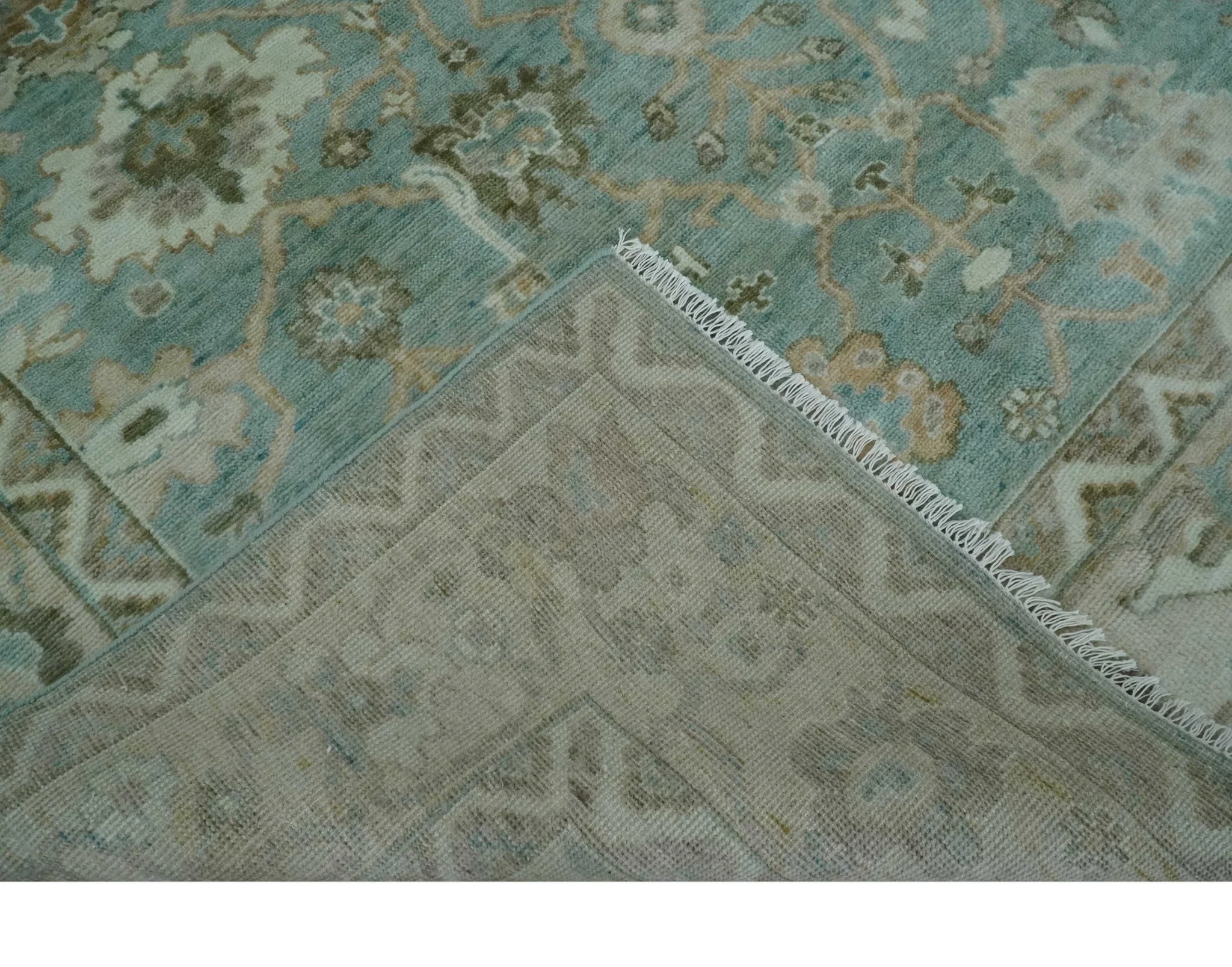 Custom Made Traditional Aqua and Silver Antique Style Multi size Hand knotted Wool Area Rug - Image 6