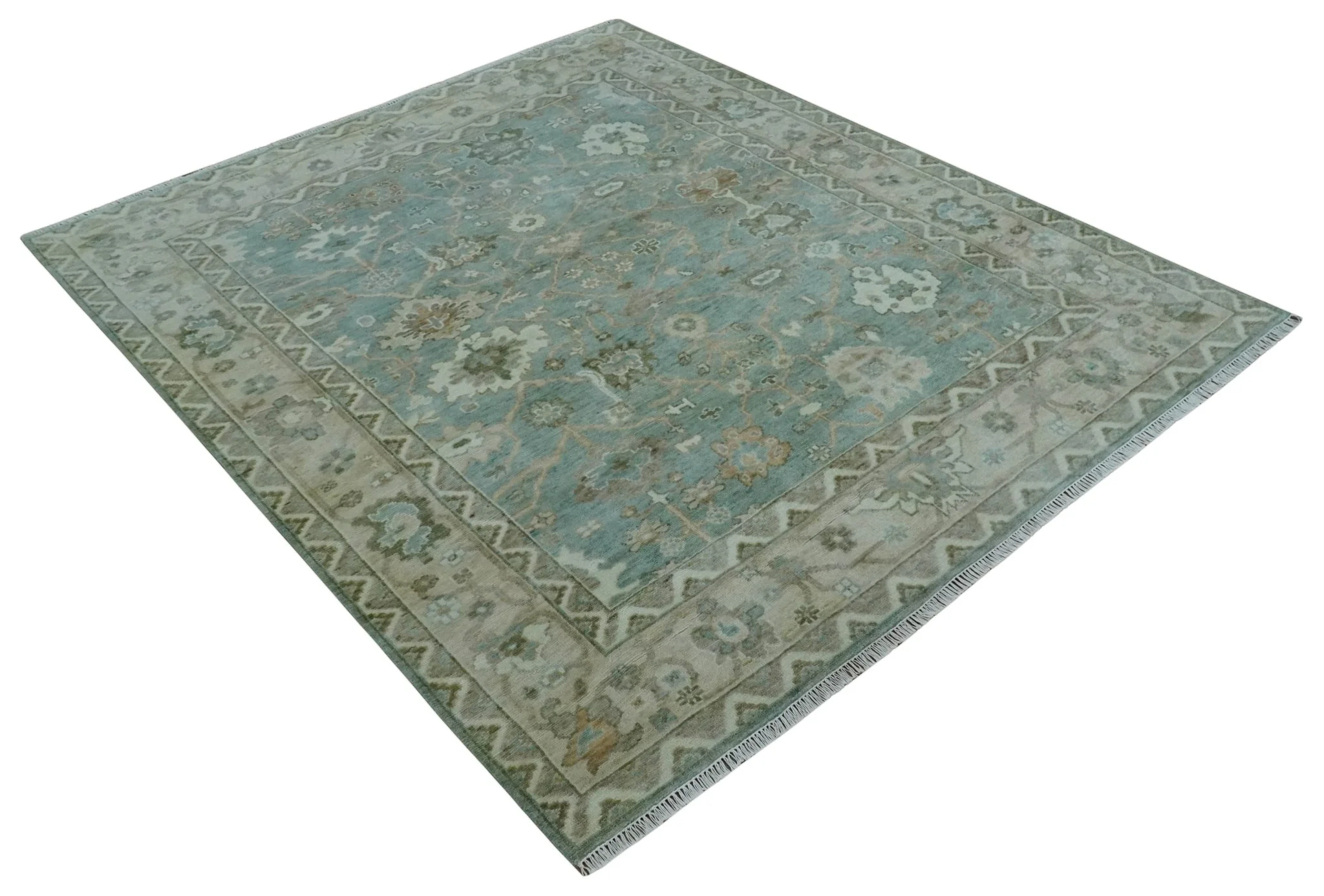 Custom Made Traditional Aqua and Silver Antique Style Multi size Hand knotted Wool Area Rug - Image 9