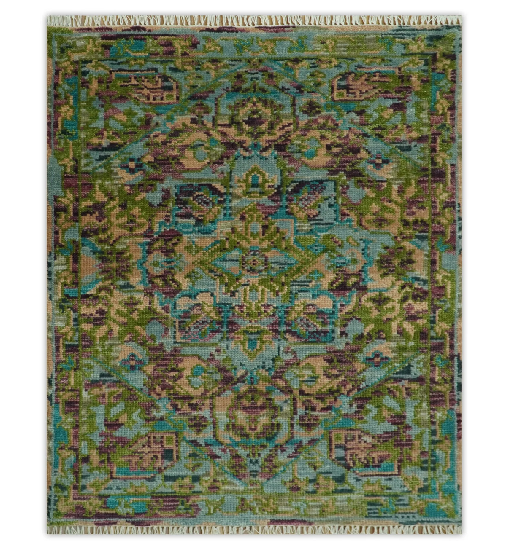 Custom Made Hand Knotted Transitional Green, Pink and Purple wool Area Rug - Image 10