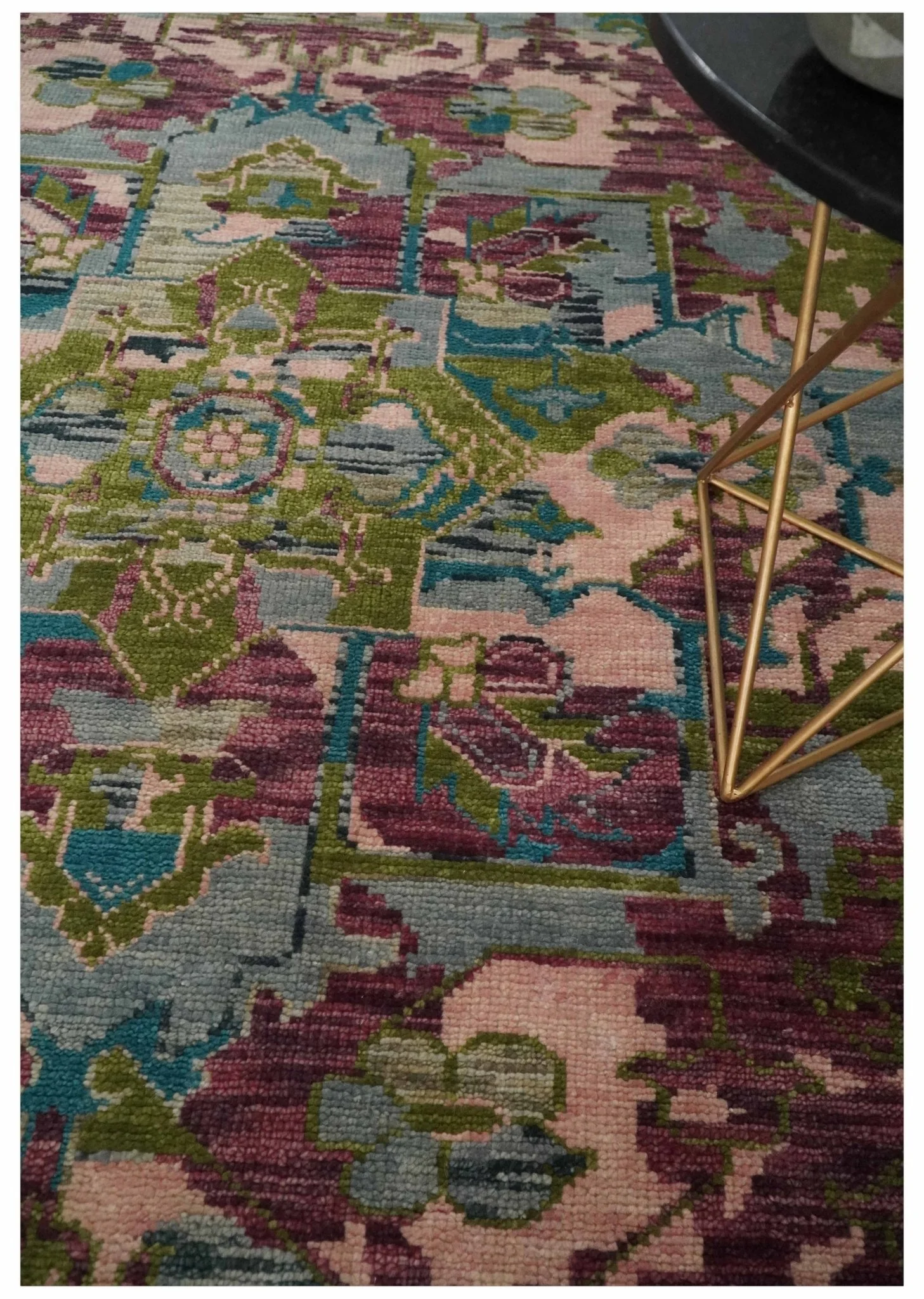 Custom Made Hand Knotted Transitional Green, Pink and Purple wool Area Rug - Image 2