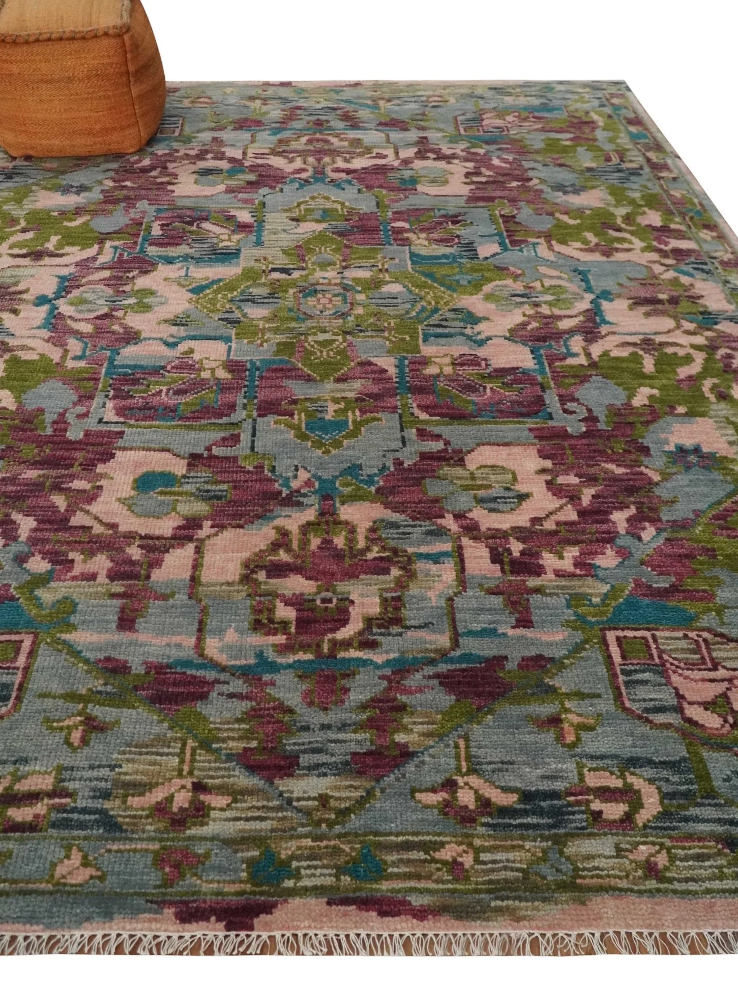 Custom Made Hand Knotted Transitional Green, Pink and Purple wool Area Rug - Image 3