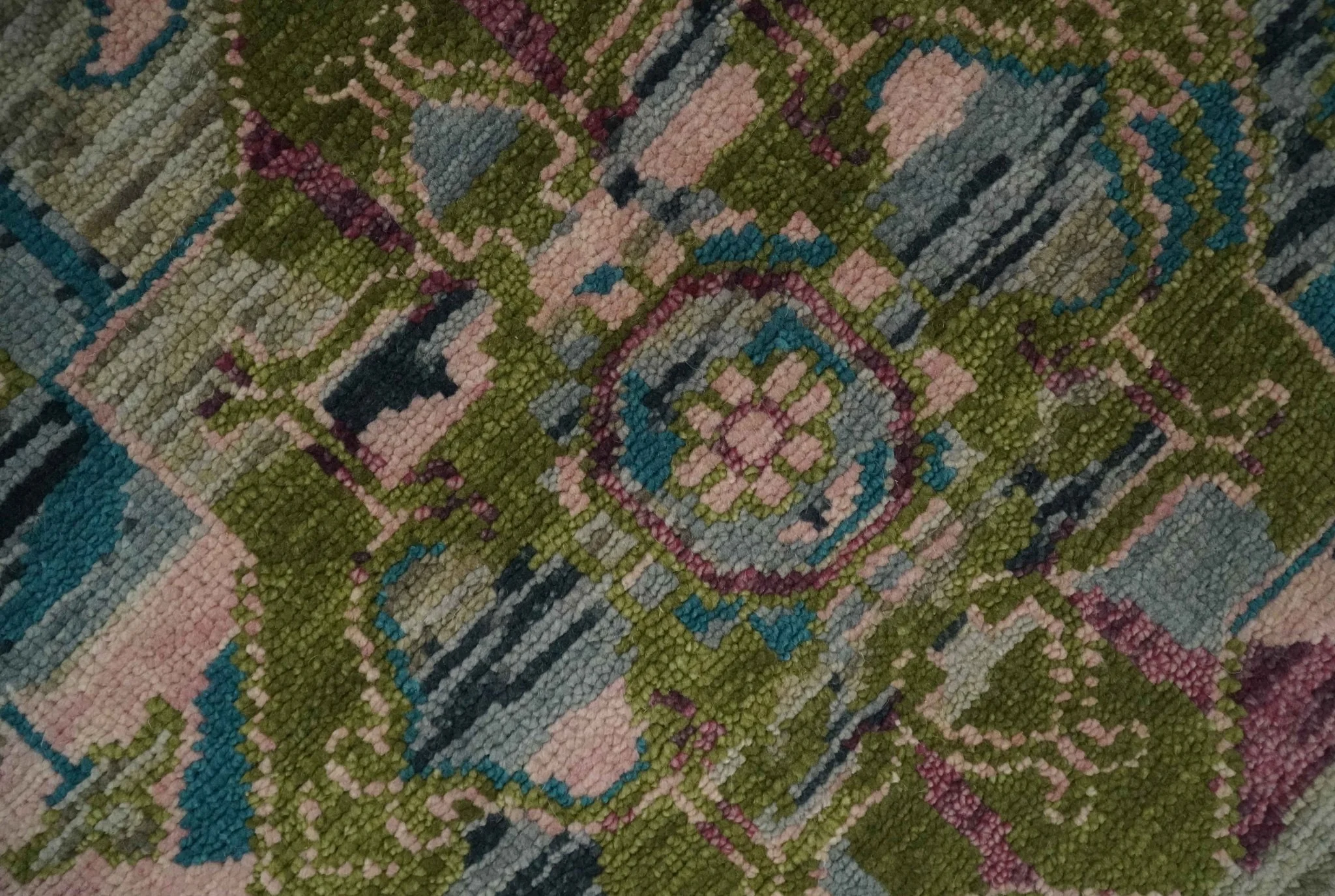 Custom Made Hand Knotted Transitional Green, Pink and Purple wool Area Rug - Image 4