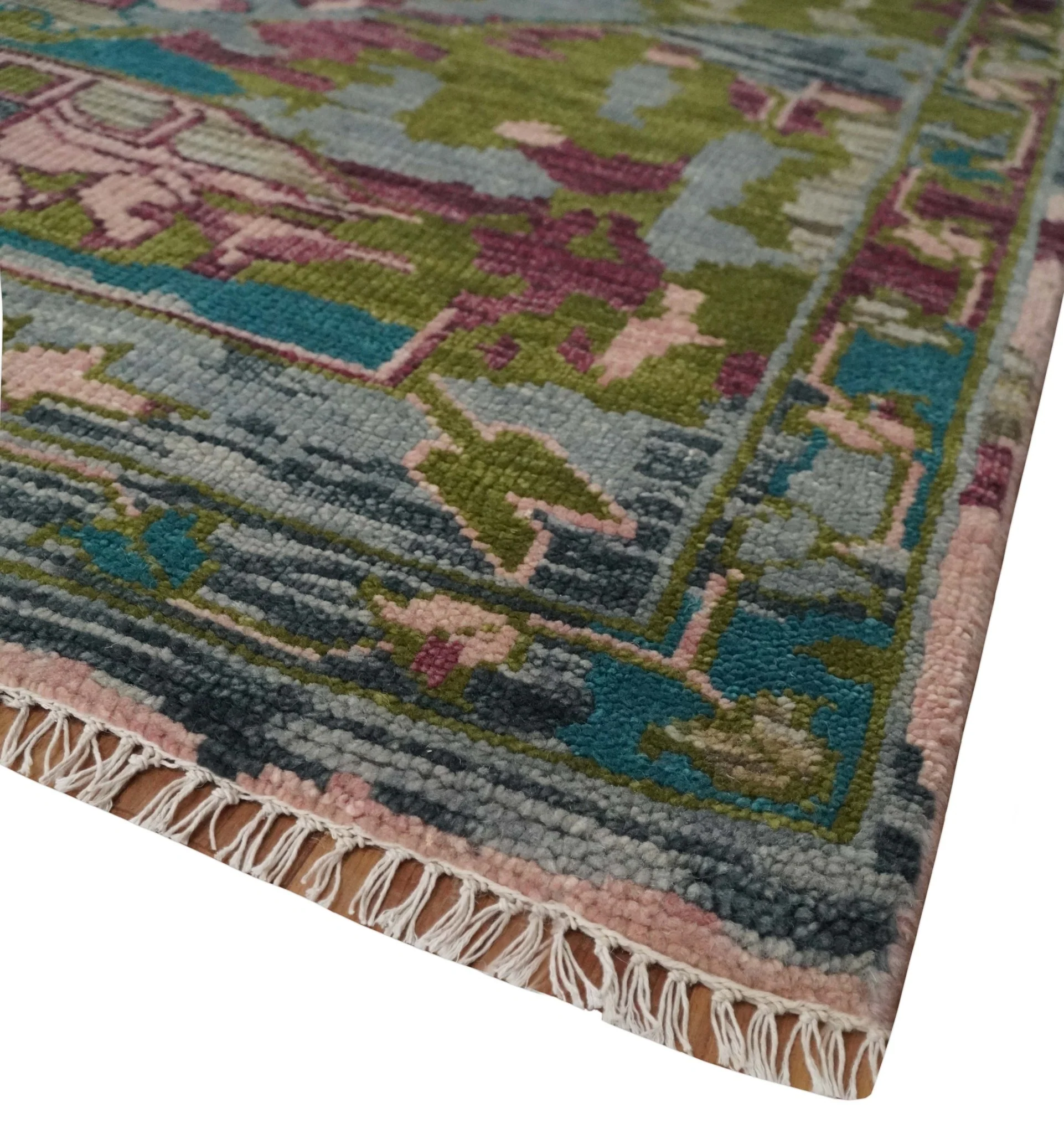 Custom Made Hand Knotted Transitional Green, Pink and Purple wool Area Rug - Image 5