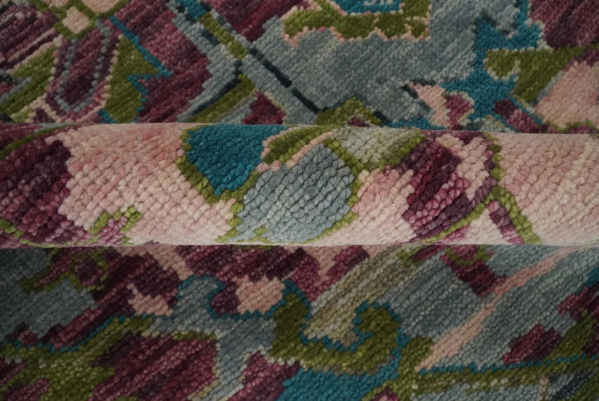 Custom Made Hand Knotted Transitional Green, Pink and Purple wool Area Rug - Image 6