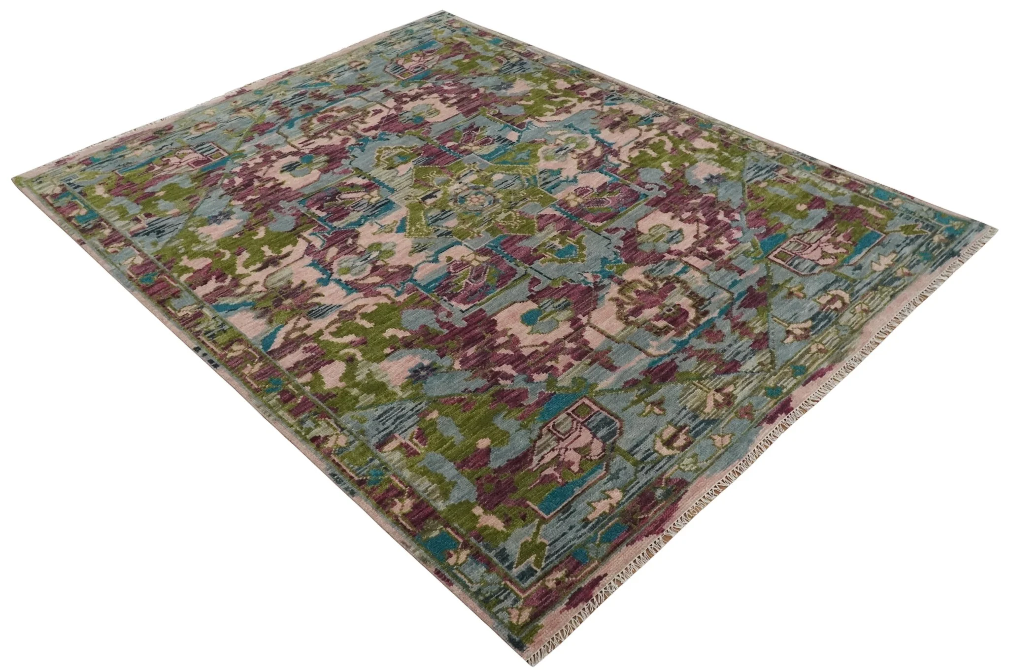 Custom Made Hand Knotted Transitional Green, Pink and Purple wool Area Rug - Image 8