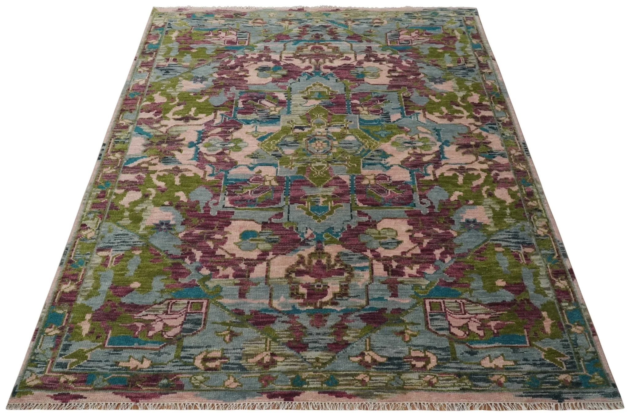 Custom Made Hand Knotted Transitional Green, Pink and Purple wool Area Rug - Image 9