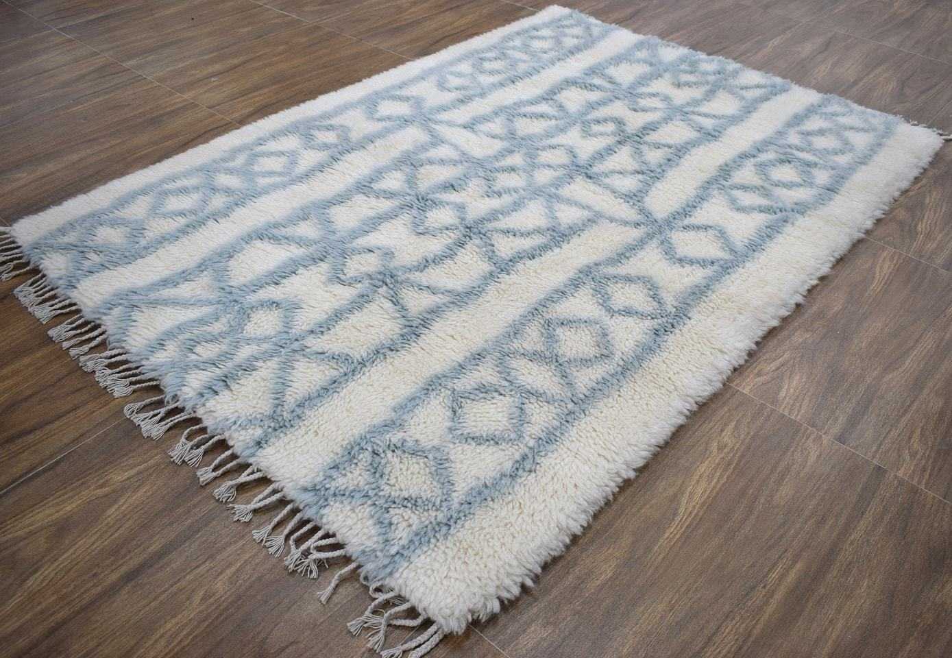 Traditional Hand Made Moroccan Design Wool Light Blue Moroccan Rug - Image 3