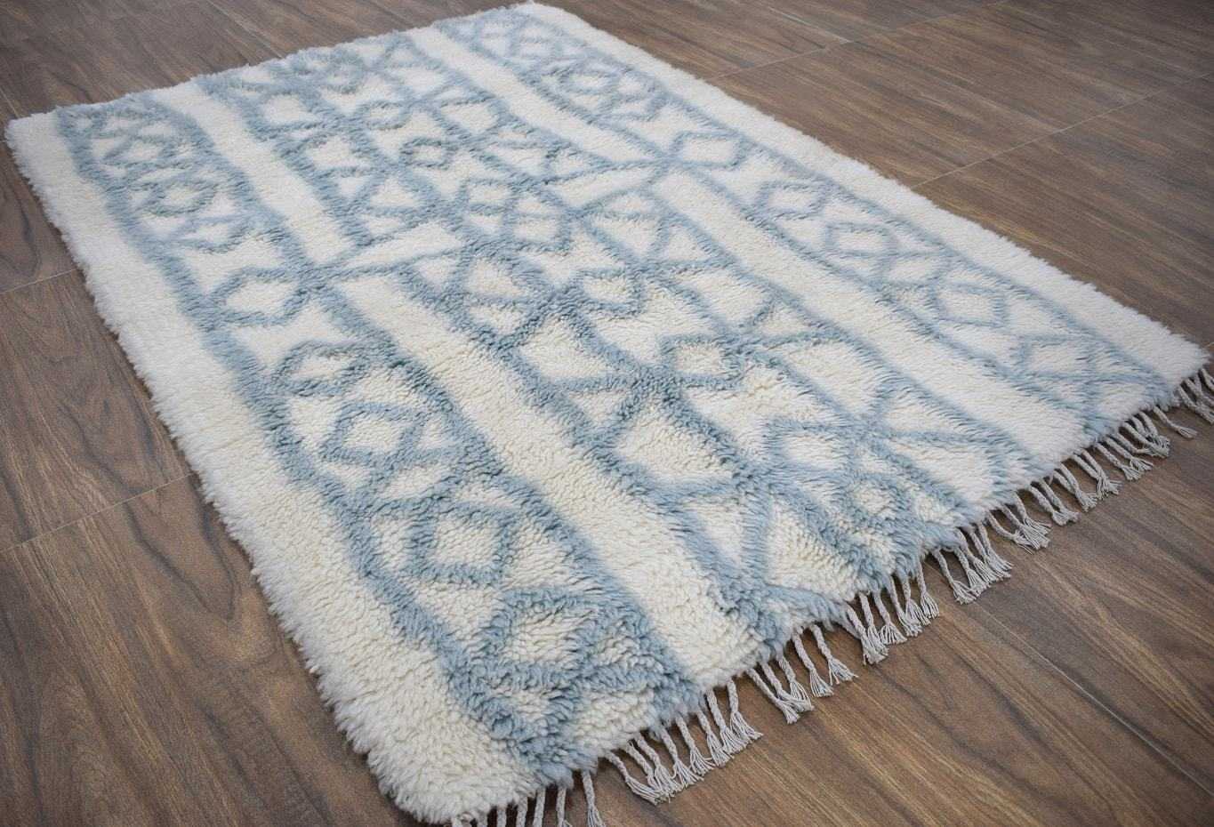 Traditional Hand Made Moroccan Design Wool Light Blue Moroccan Rug - Image 4